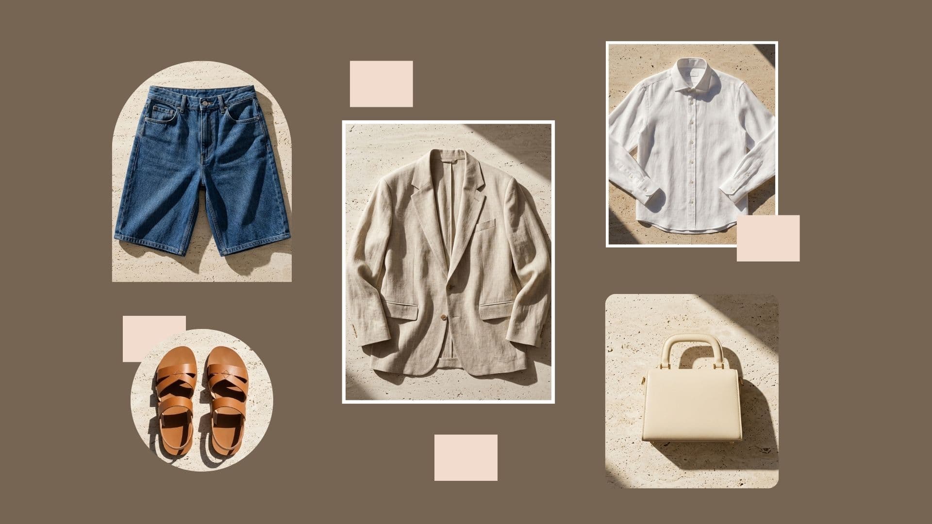 Outfit board showing how to style long denim bermuda shorts for a flattering fit with a blazer, shirt, bag, and sandals.