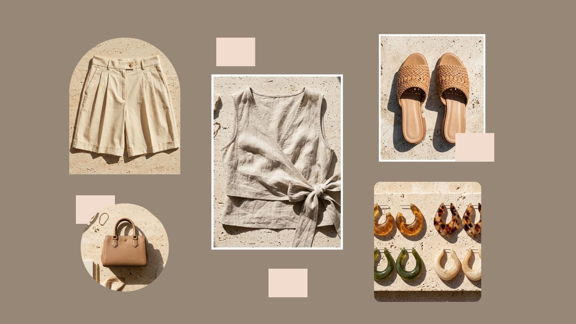 Linen top, shorts, and sandals outfit board showing how to wear all white in the summer without looking bridal.