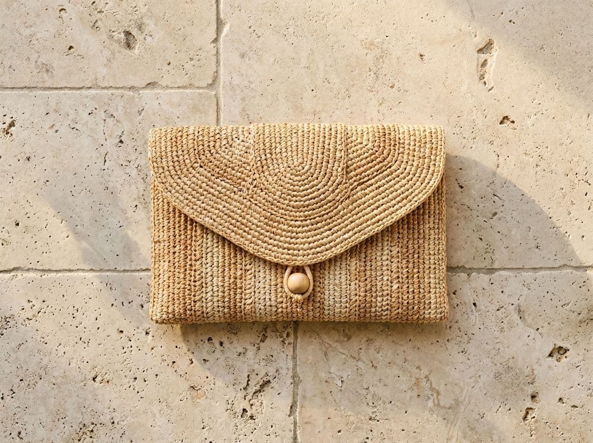 Woven raffia clutch with sculptural flap closure