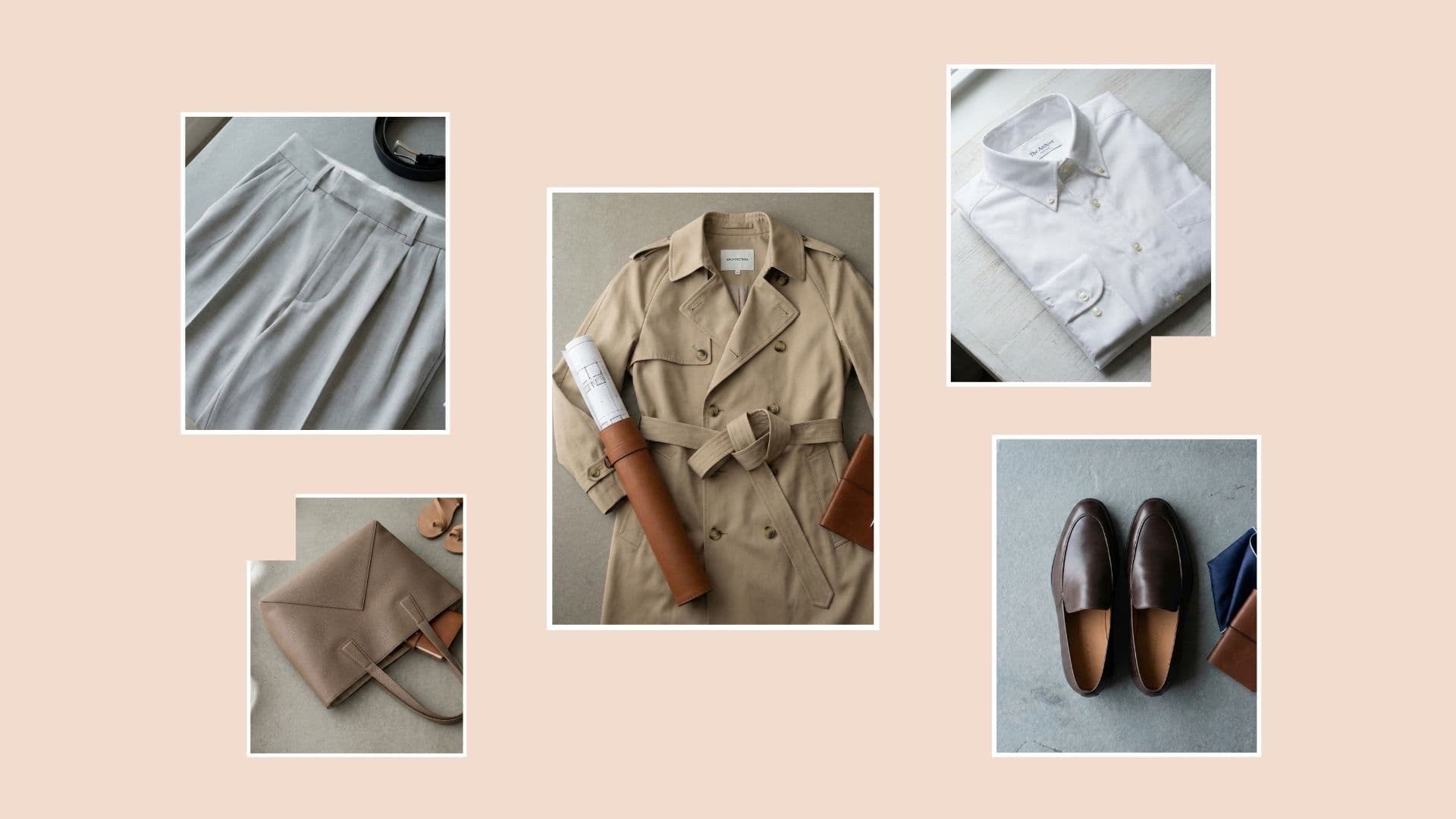 Beige trench coat, grey trousers, and white shirt for a minimalist spring capsule wardrobe 2026.