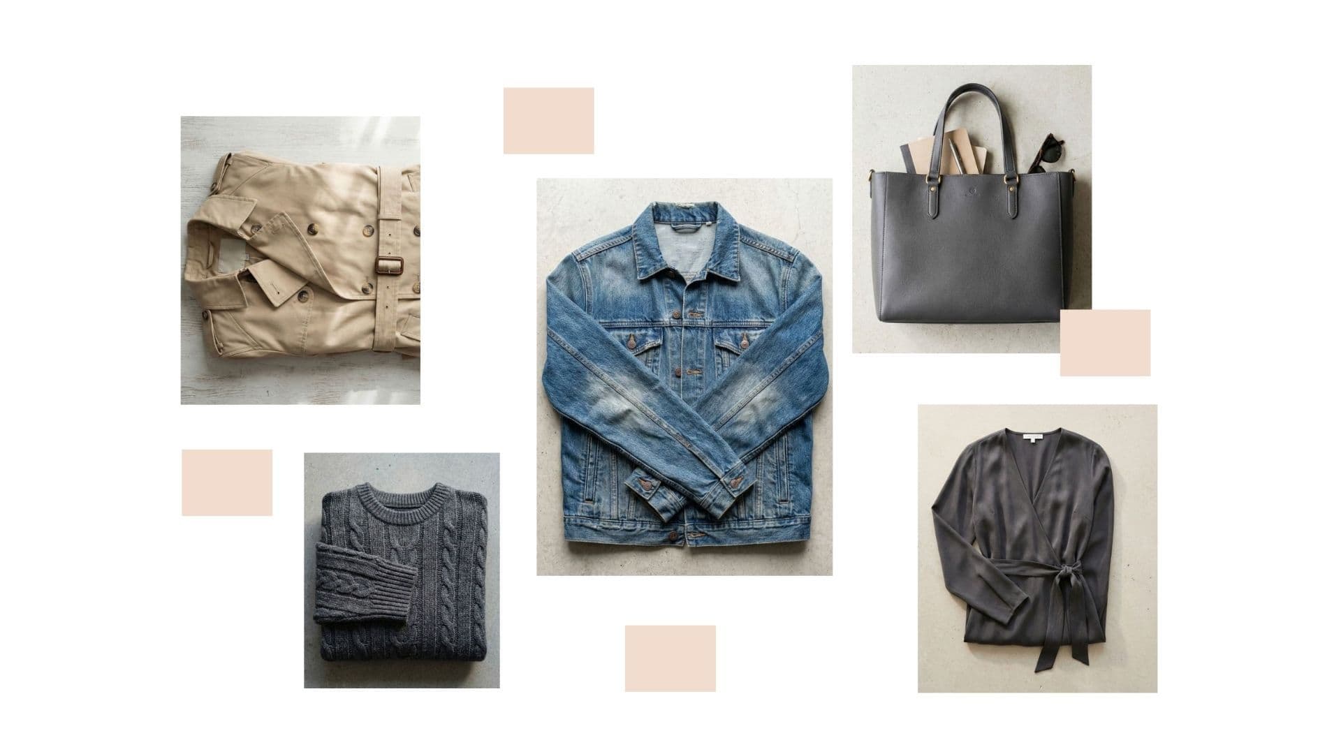 Fashion flat lay displaying essential Winter to Spring transition outfits 2026 pieces like jackets and layers.