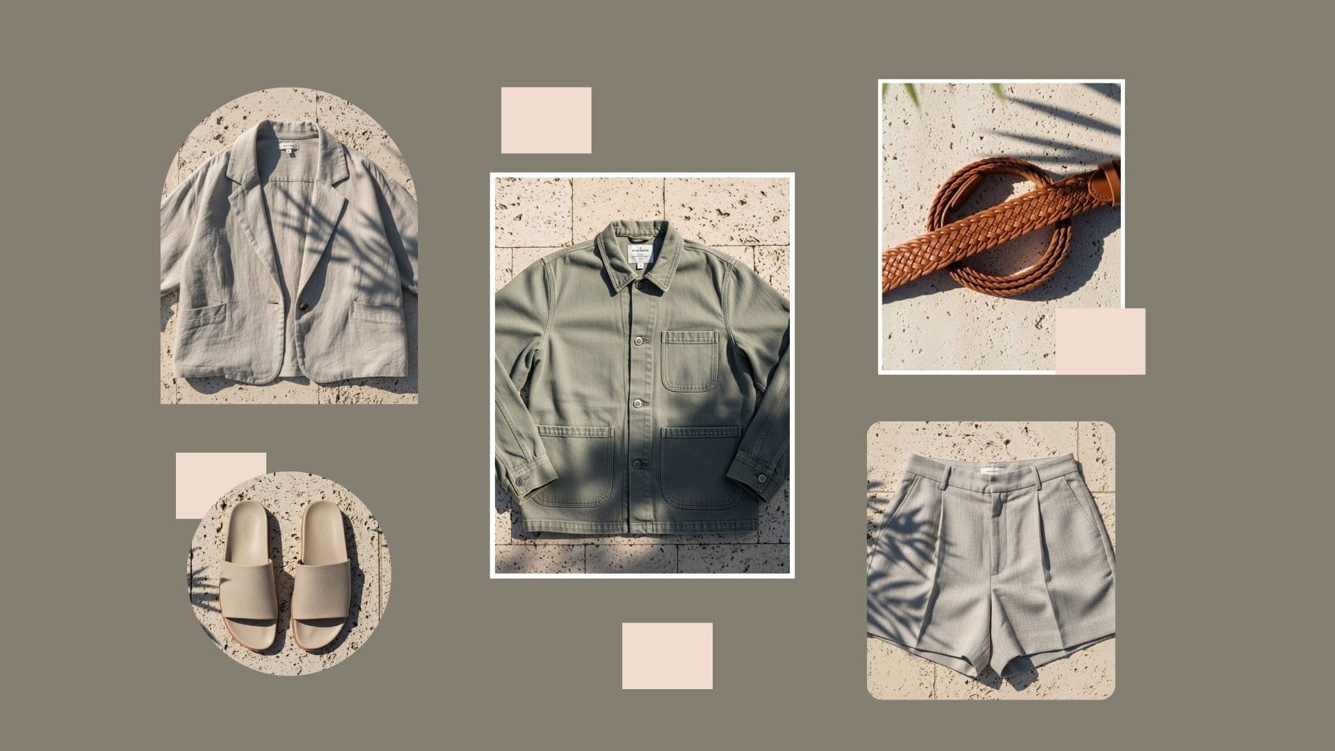 Style board showing how to wear a cotton linen overshirt in the summer with tailored shorts, woven belt, and slide sandals.