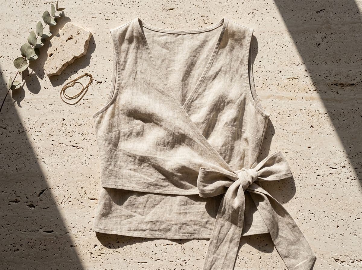 Sleeveless Linen Wrap Top with a Deep Side Tie