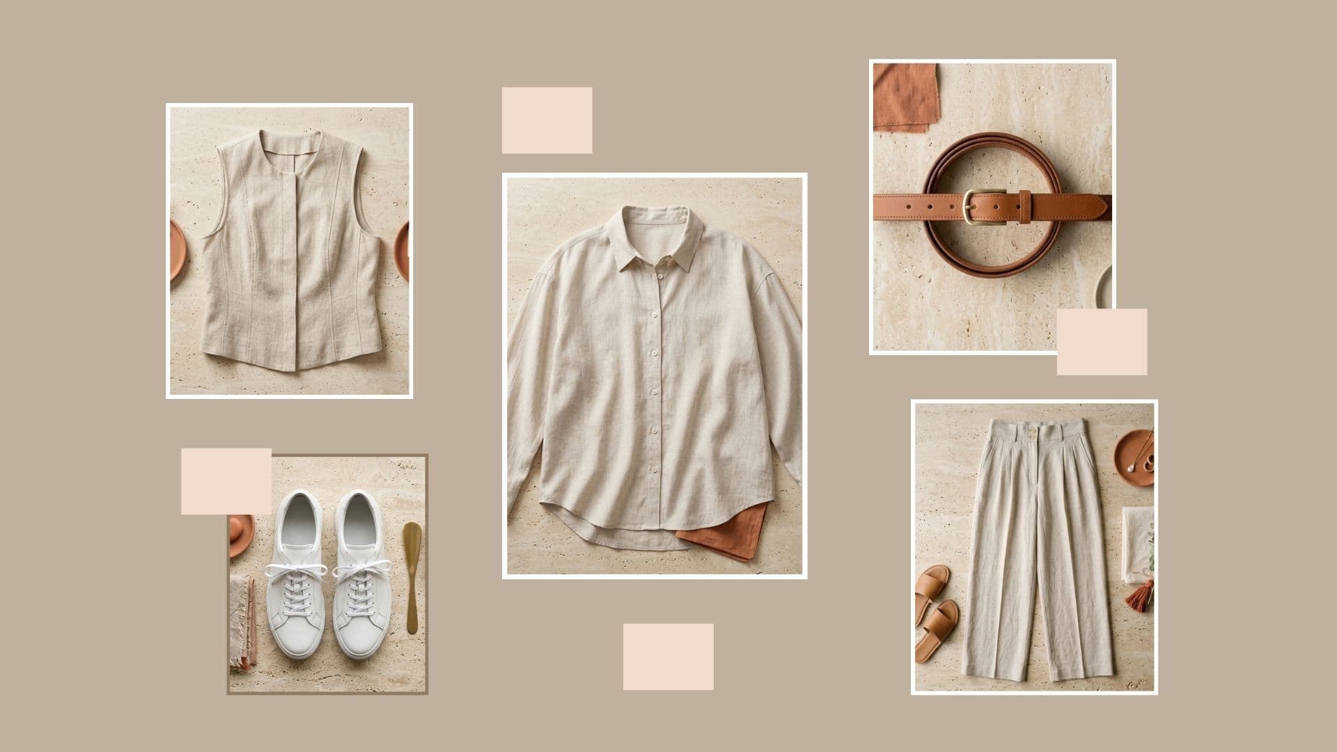 White sneakers and a beige shirt, showing what shoes to wear with wide-leg linen pants besides sandals.