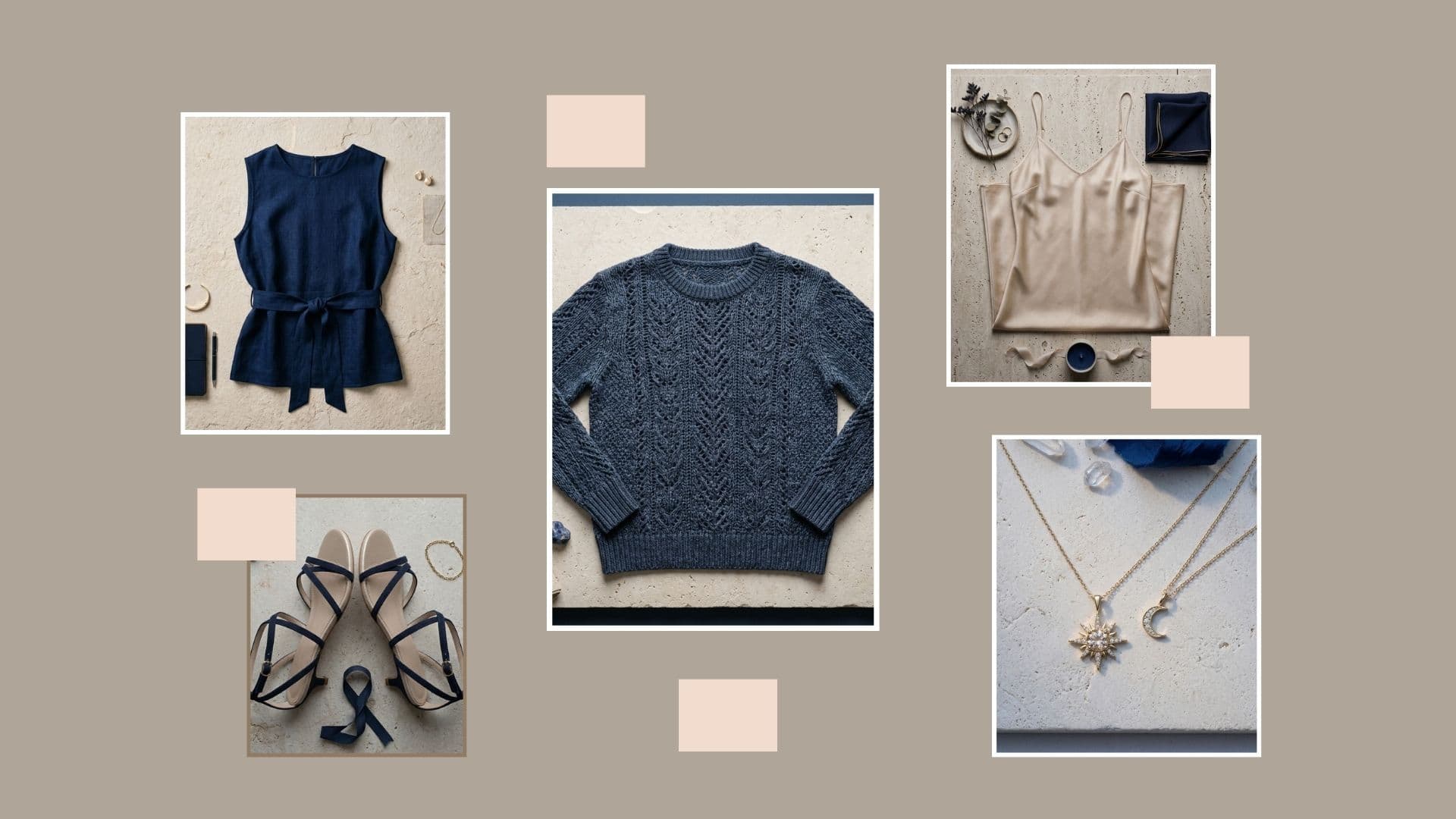 Navy cable-knit sweater and silk camisole: what to wear over a slip dress for chilly summer nights.