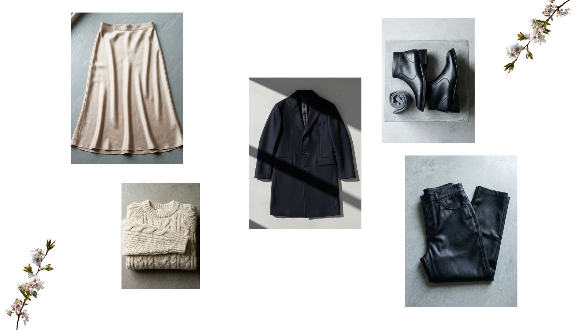 Casual winter house party outfits flat lay showing stylish layers, a chic coat, leather pants, and ankle boots.