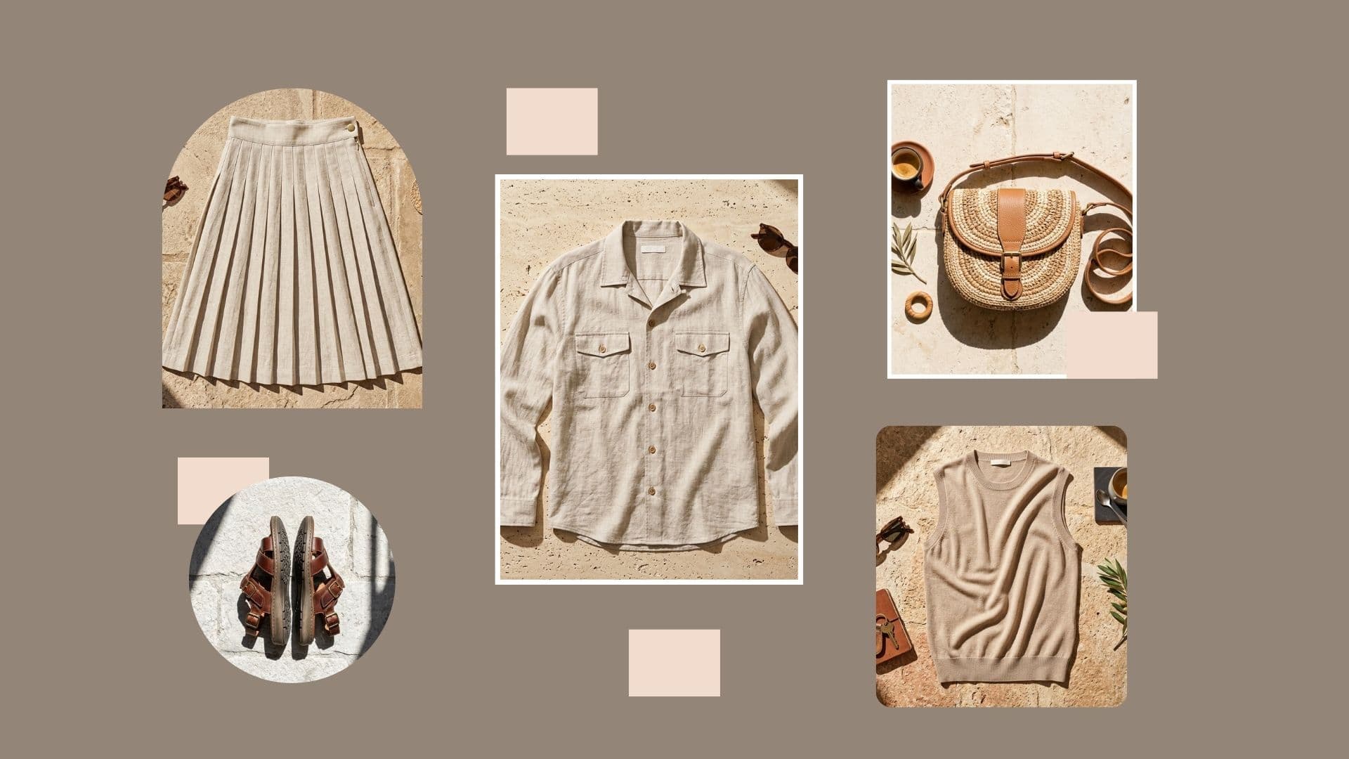 Ideas for what to wear for summer walking tours in Europe: linen skirt, shirt, knit vest, leather sandals, and straw bag.