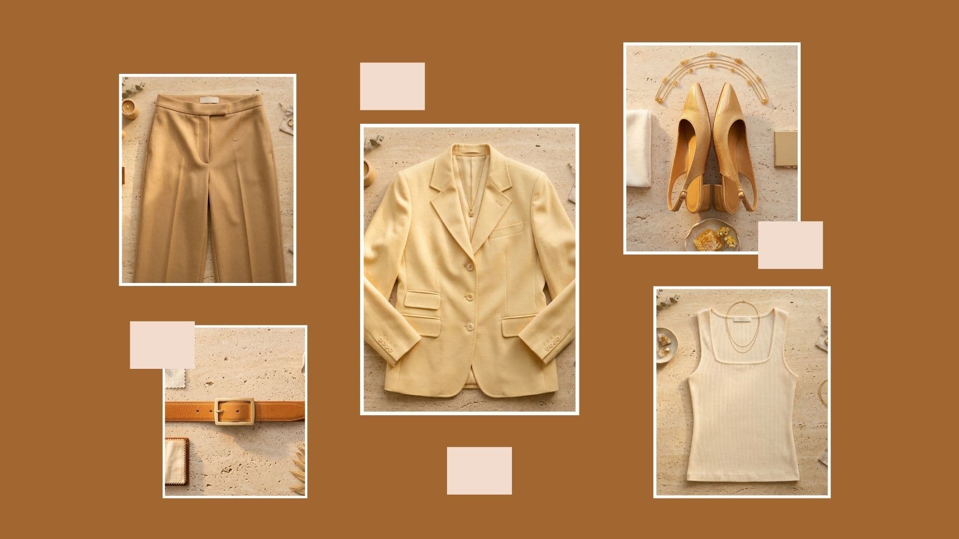 Tailored butter yellow blazer, tan trousers, and cream tank; how to wear butter yellow without looking washed out.