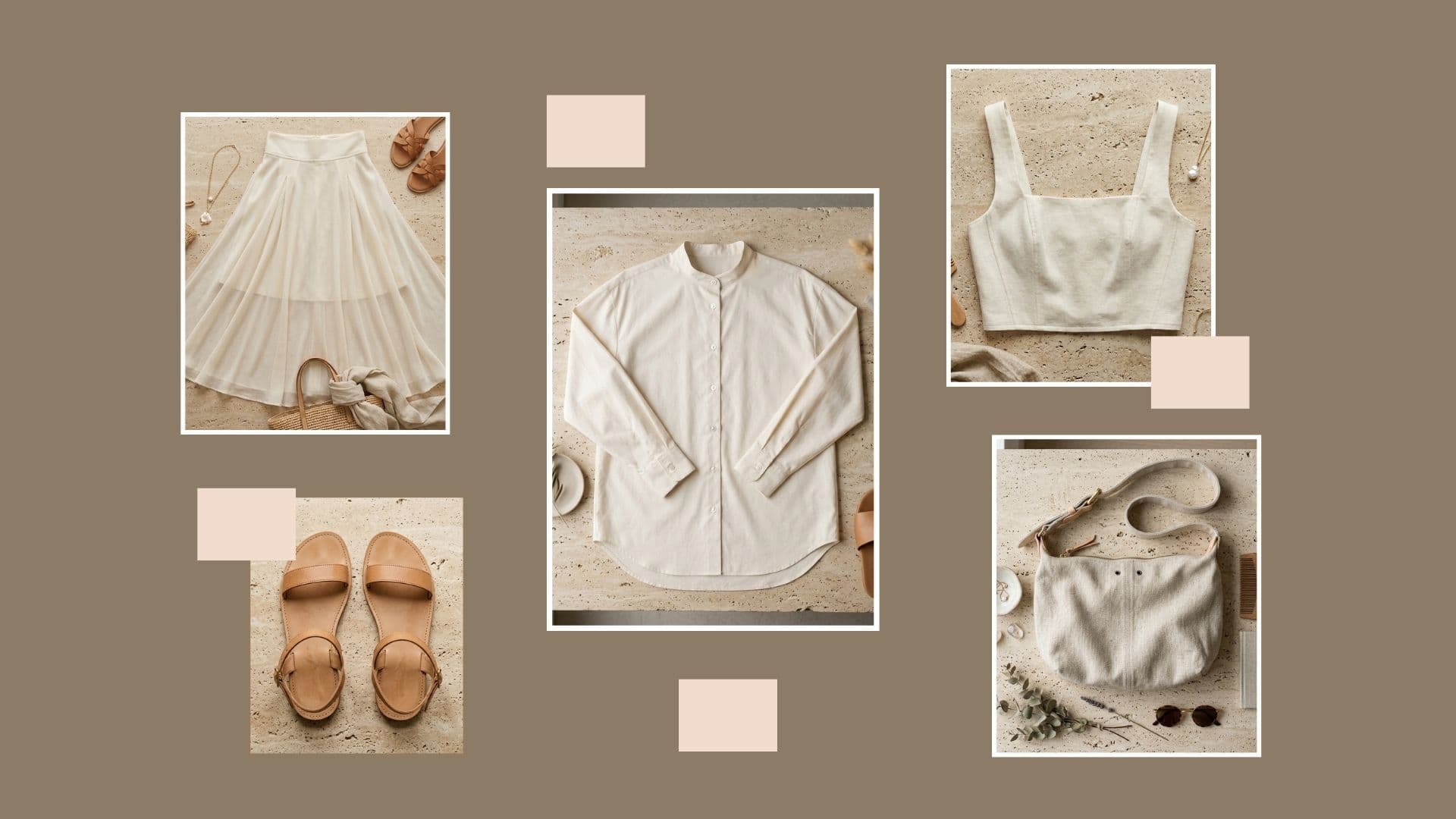 Cream pleated skirt and linen top; how to style a sheer maxi skirt for daytime casual with tan sandals and bag.