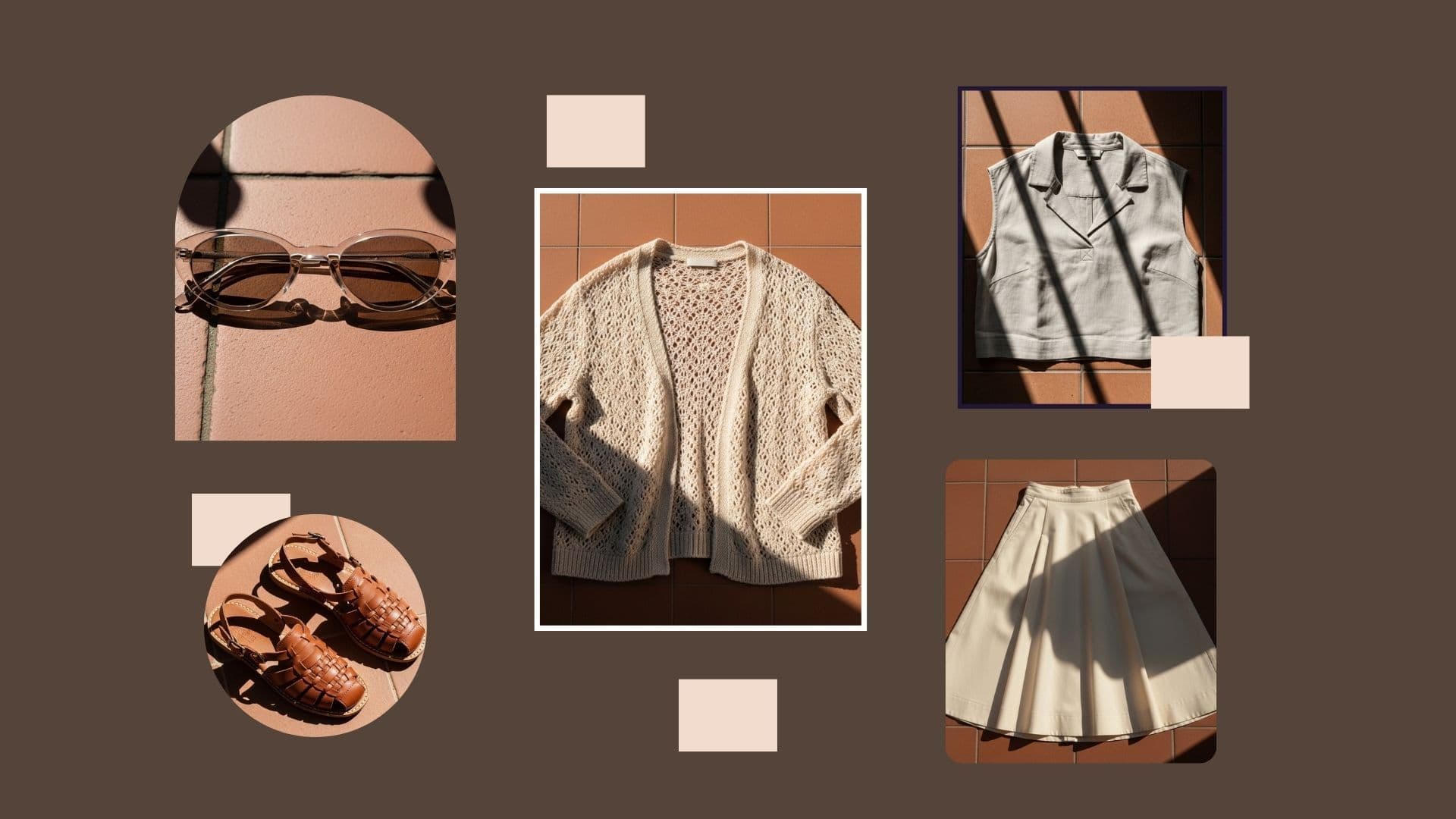 Collage showing how to style vintage inspired silhouettes for hot summer days with a skirt, vest, cardigan, and sandals.