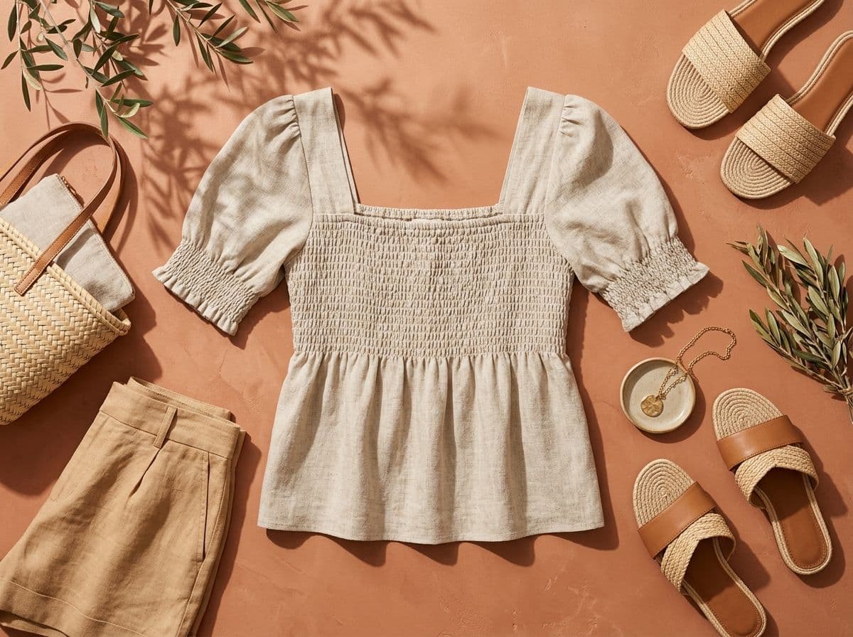 Smocked Linen Square-Neck Top