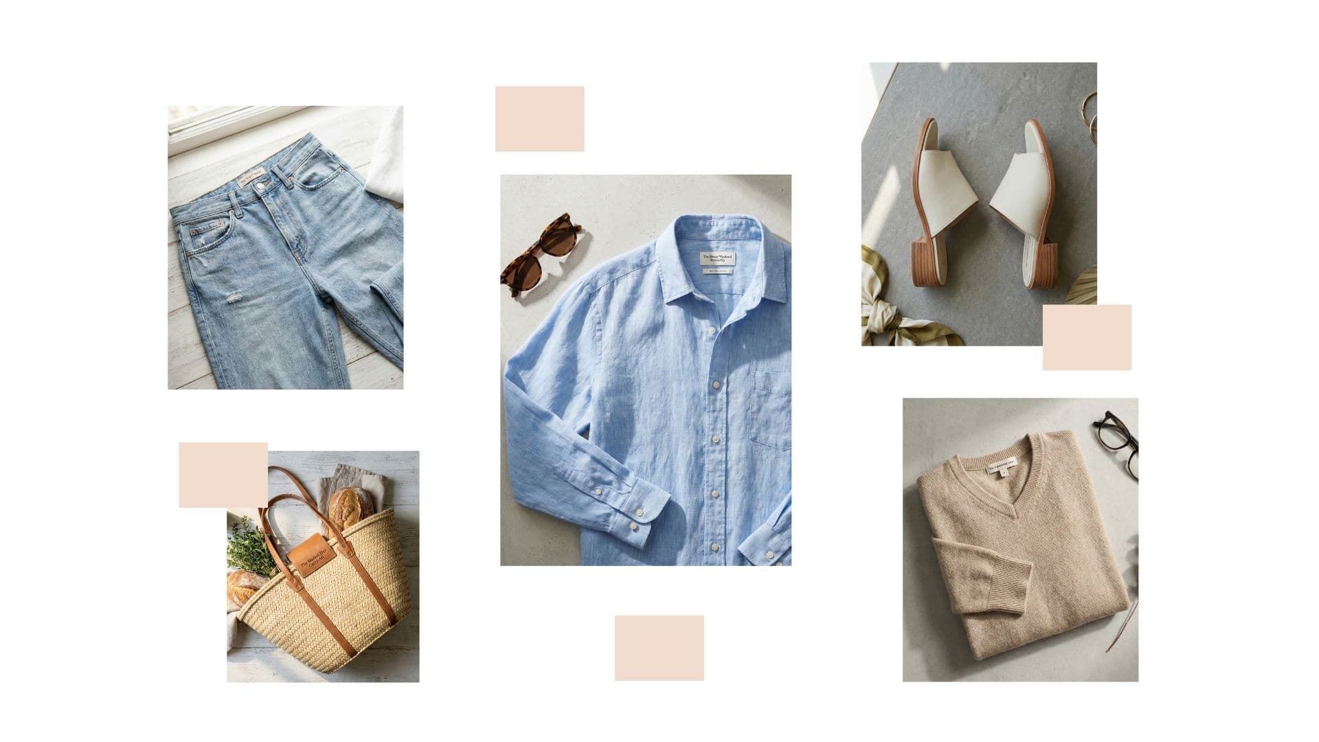 Flat lay of casual spring brunch outfit ideas featuring blue jeans, linen shirt, beige sweater, and white slides.