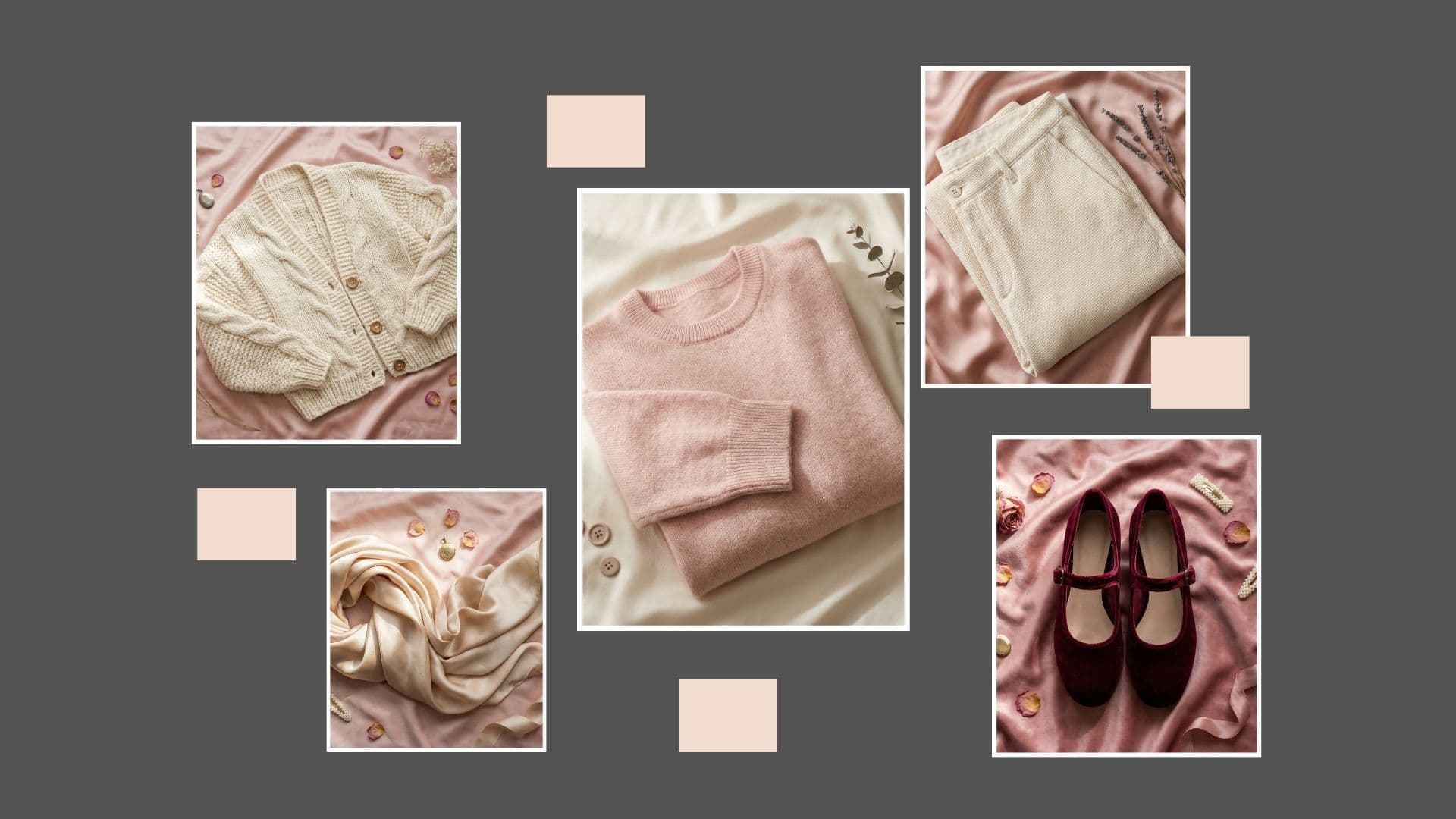 Cute at home valentine's day outfits collage featuring a pink sweater and cream cable knit.
