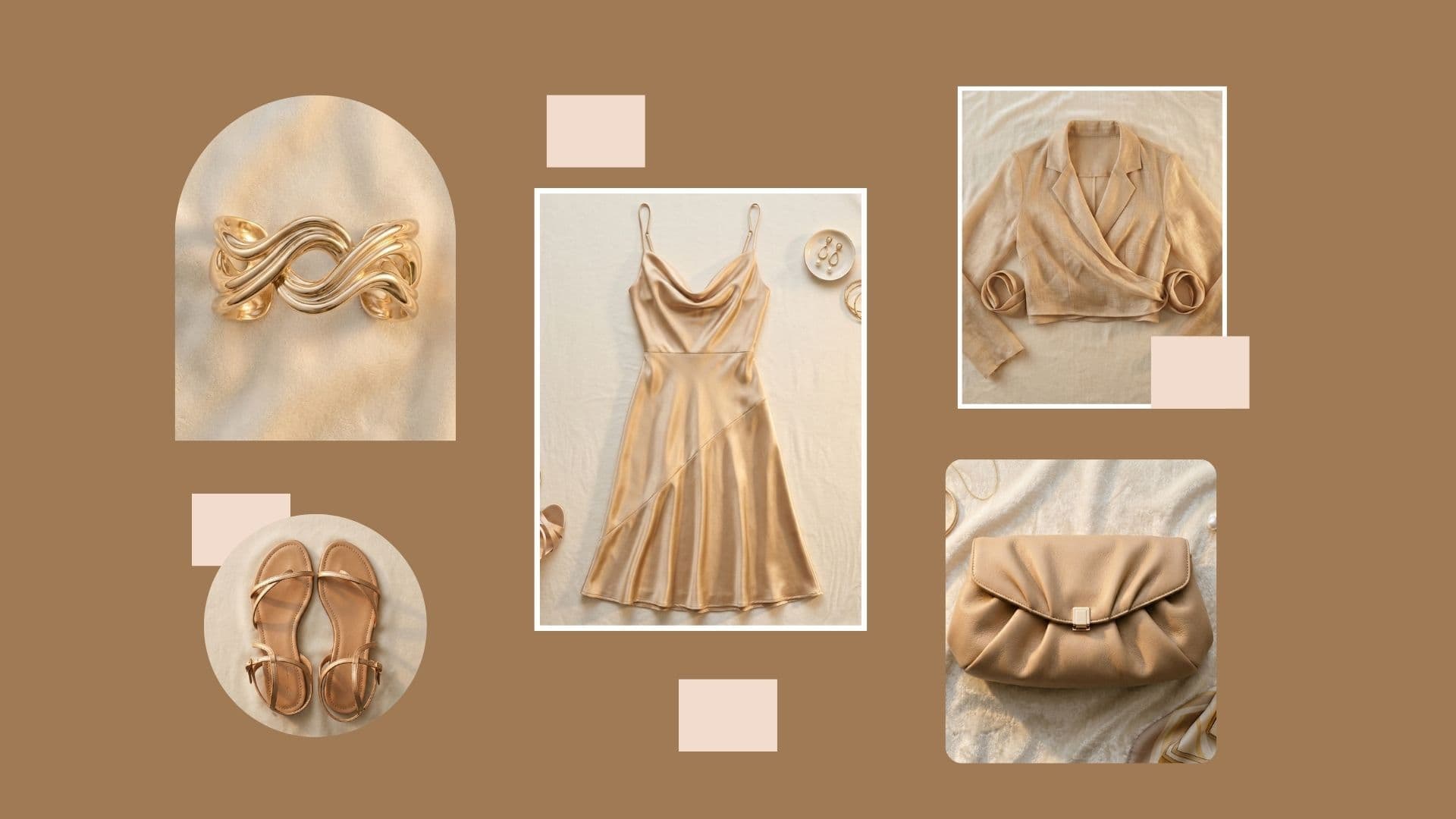 A complete summer evening outfit board: a champagne satin cowl neck dress, sheer beige wrap top, gold cuff, flat sandals, and pleated clutch, showing what to wear over a cowl neckline dress for summer evenings.