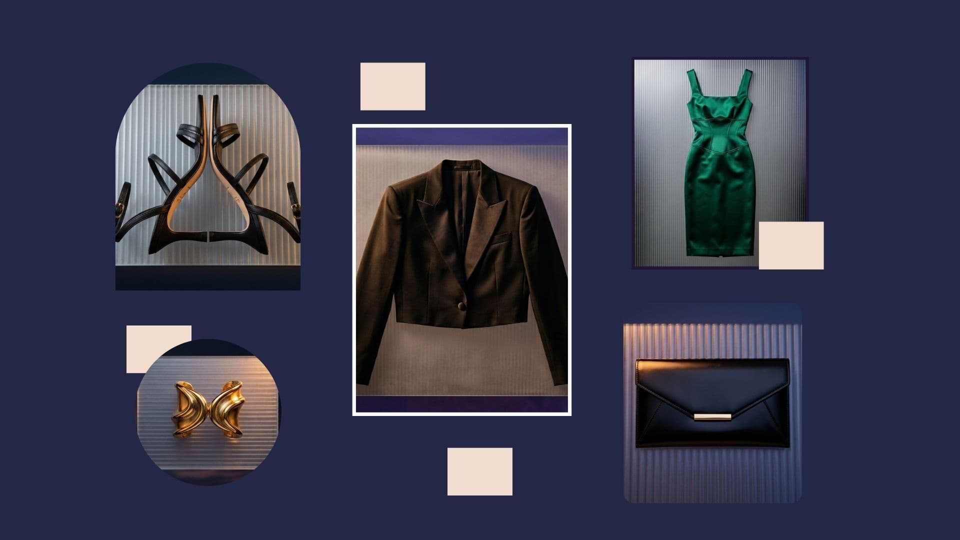 Outfit board for what to wear to a summer rooftop party with a strict dress code featuring a green dress and black blazer.