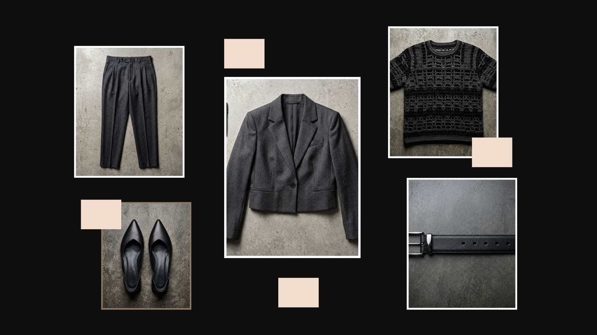 Outfit collage: grey blazer, black crochet shirt, trousers, and flats, showing how to wear crochet in the city without beach look.