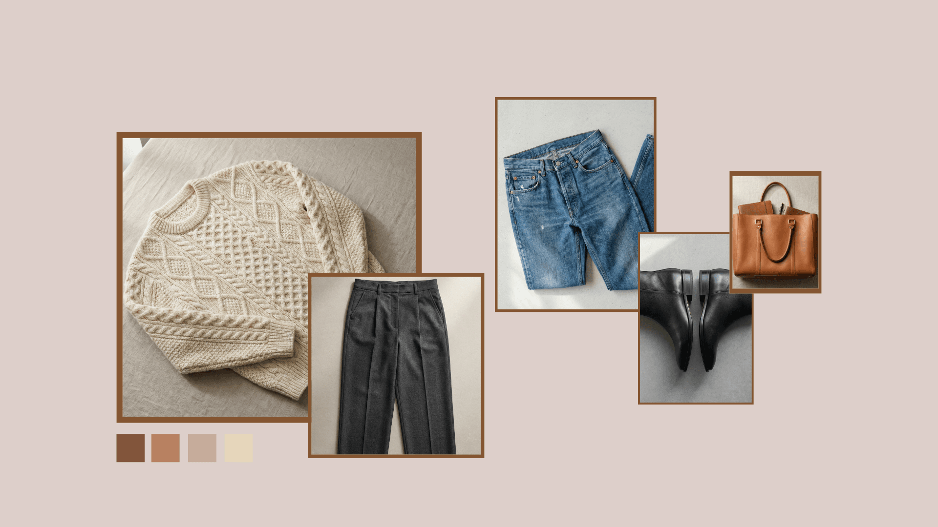 Minimalist winter capsule wardrobe 2025 flatlay featuring neutral wool coat and textured knitwear.