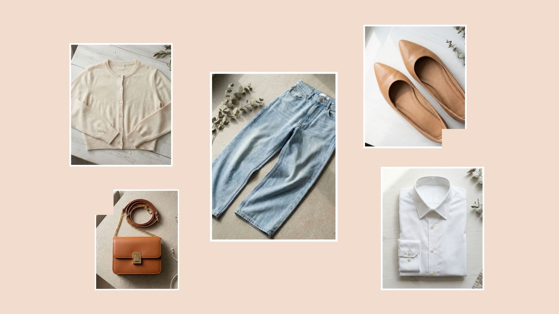 Flat lay showing how to style wide leg jeans for spring with a beige cardigan, white shirt, and tan accessories.