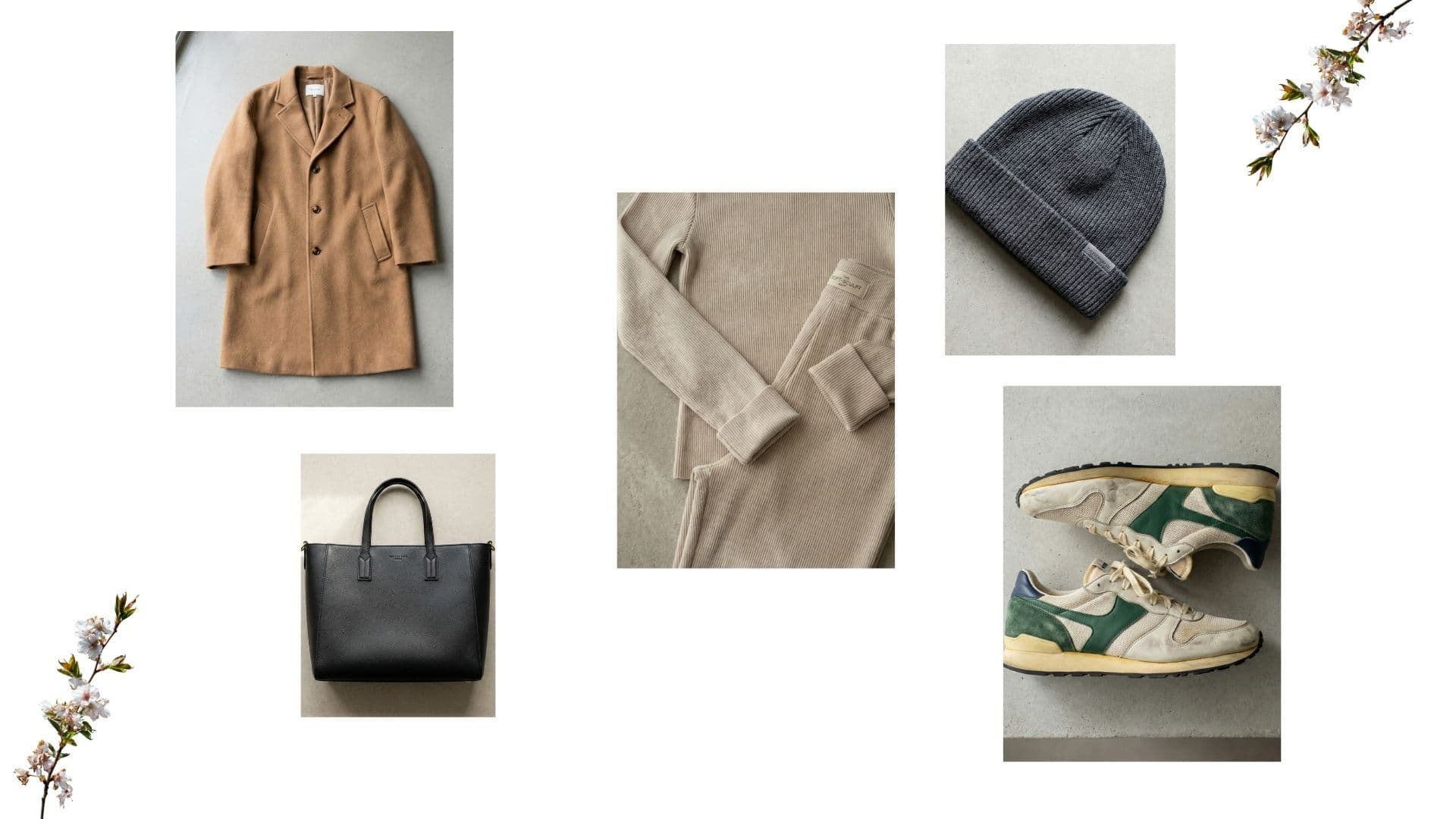 Mood board featuring a beige puffer vest, oversized wool coat, and dad sneakers for a chic winter athleisure look.