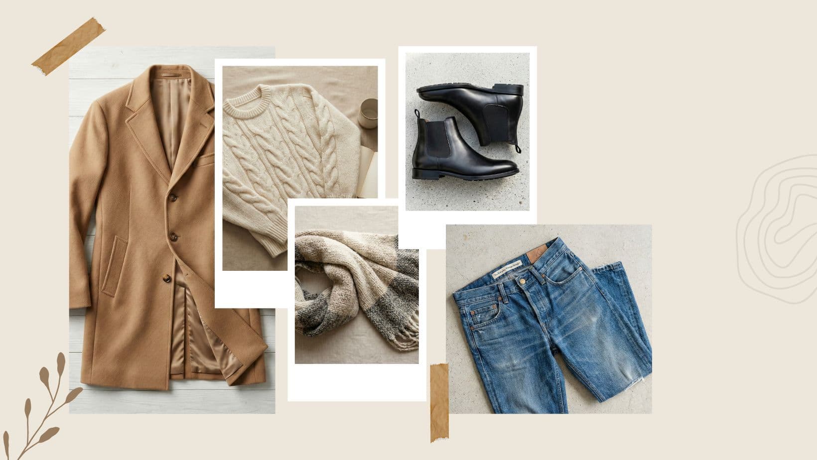 Mood board for casual chic winter outfits 2026 featuring a camel coat, sweater, and boots.