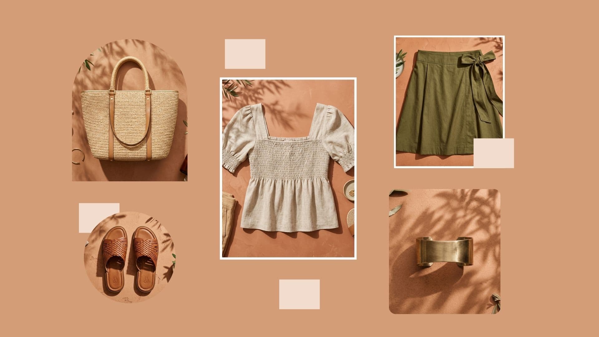 Outfit idea for what to wear to a summer bbq that isn't denim shorts: linen top, olive wrap skirt, woven bag, and sandals.