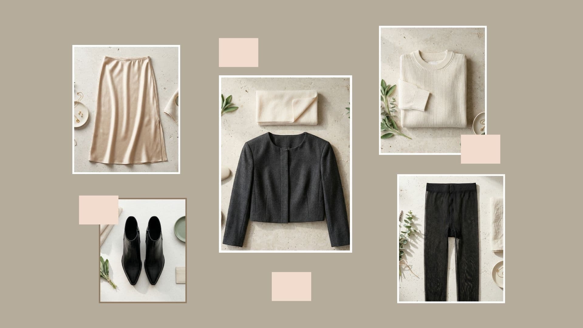 Flatlay showing how to style a midi skirt in early spring weather: satin skirt, knit sweater, jacket, boots.