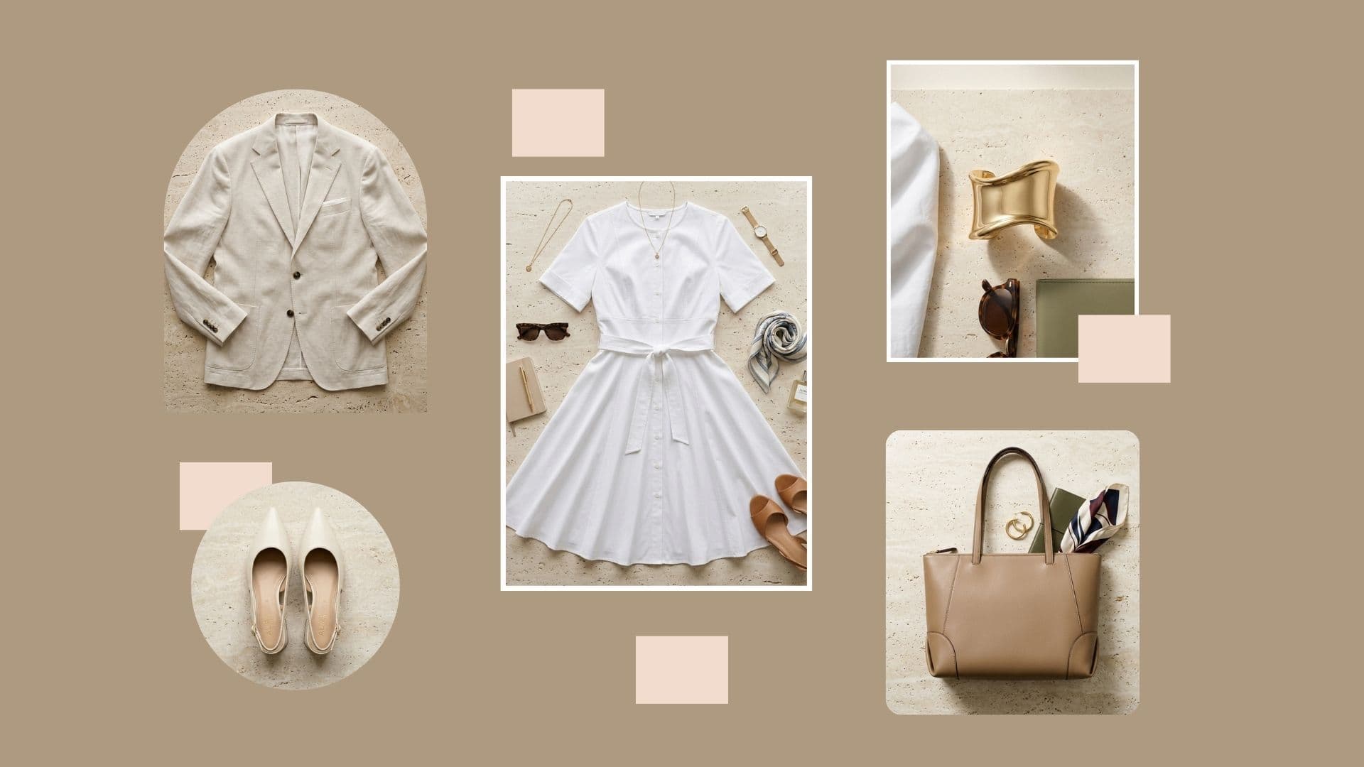 Ideas on how to style a poplin midi dress for a creative casual office, featuring a white dress, blazer, and tote bag.