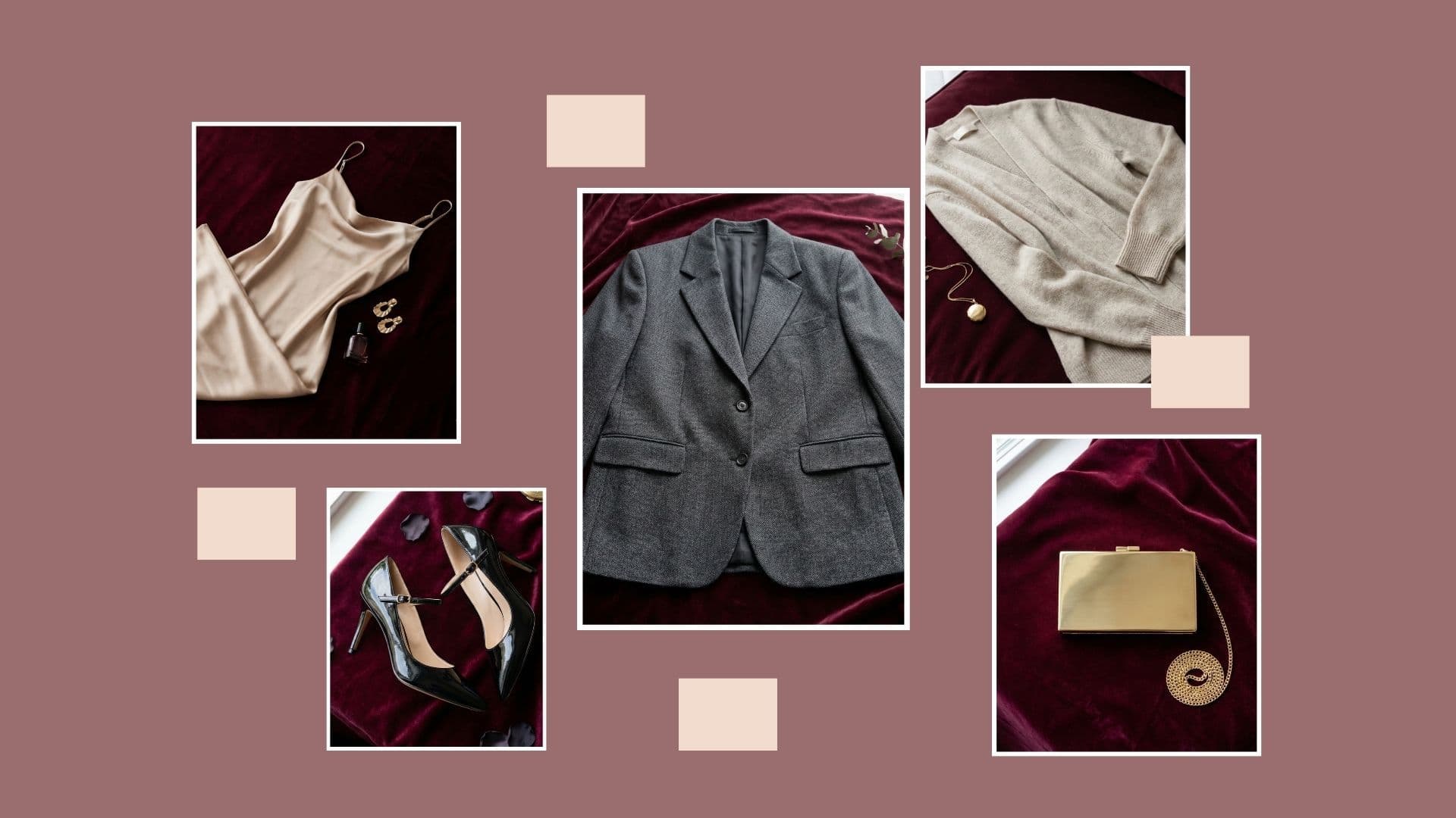 Collage of a satin dress, blazer, and heels styling classy valentine's day outfits for dinner.