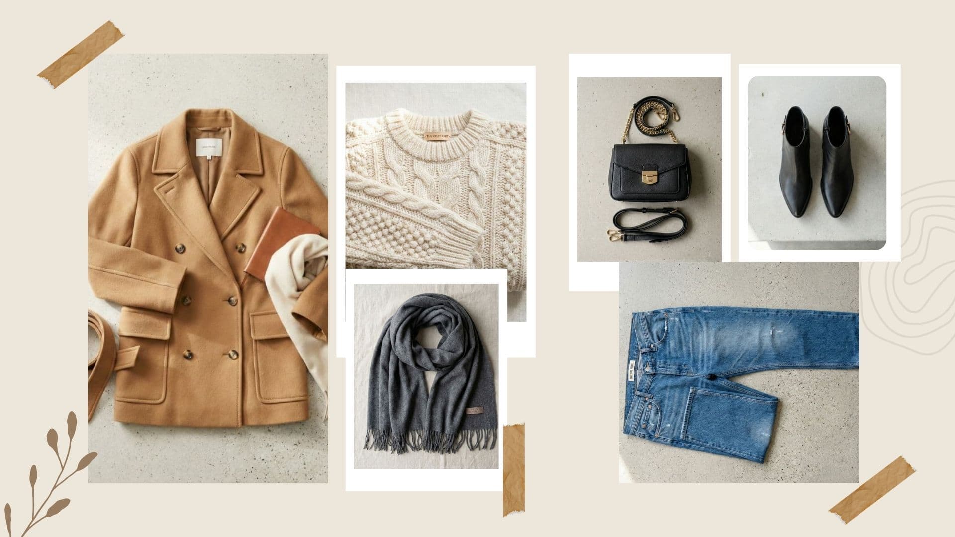 Casual winter date night outfits flat lay with a camel coat, cream sweater, grey scarf, jeans, and black leather boots.