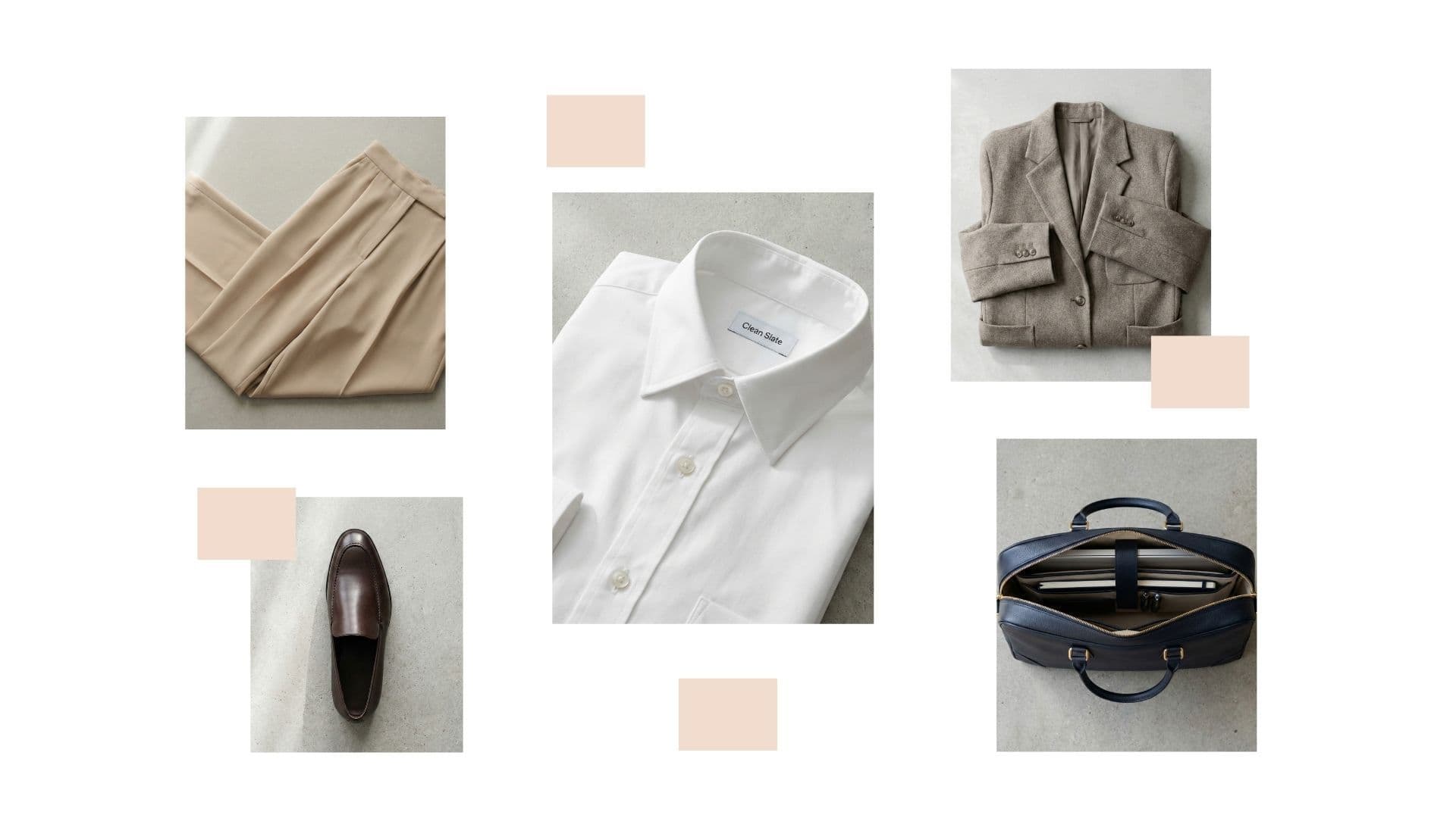 Beige trousers, grey blazer, and loafers arranged for spring work outfits business casual 2026.