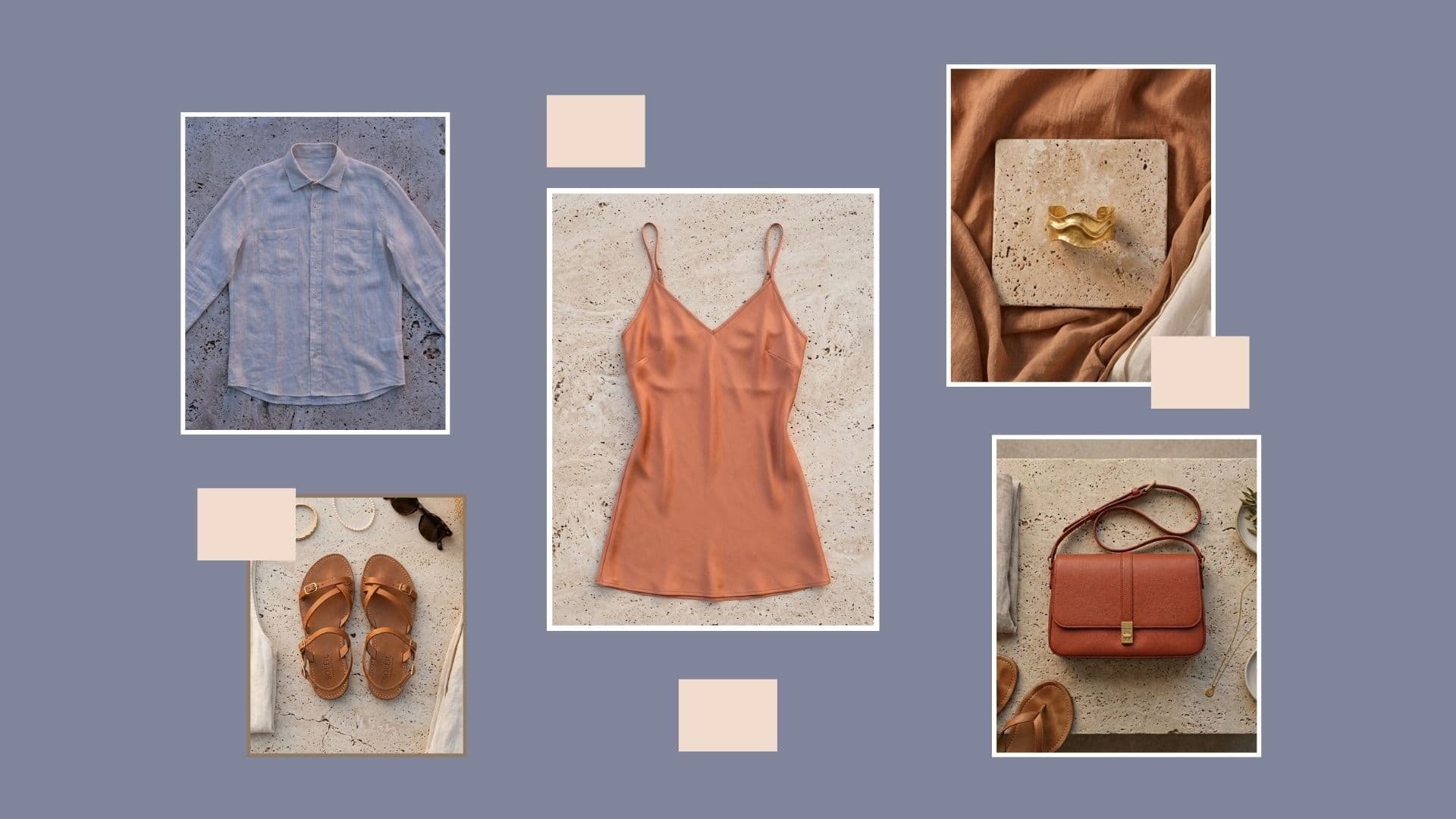 Outfit mood board solving what to wear on a summer evening date when it is hot and humid with lightweight clothing.