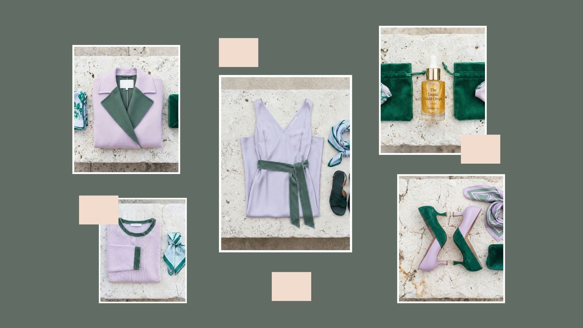 Lilac coat, dress, and green velvet accessories showing what to wear to a spring wedding when it's cold.