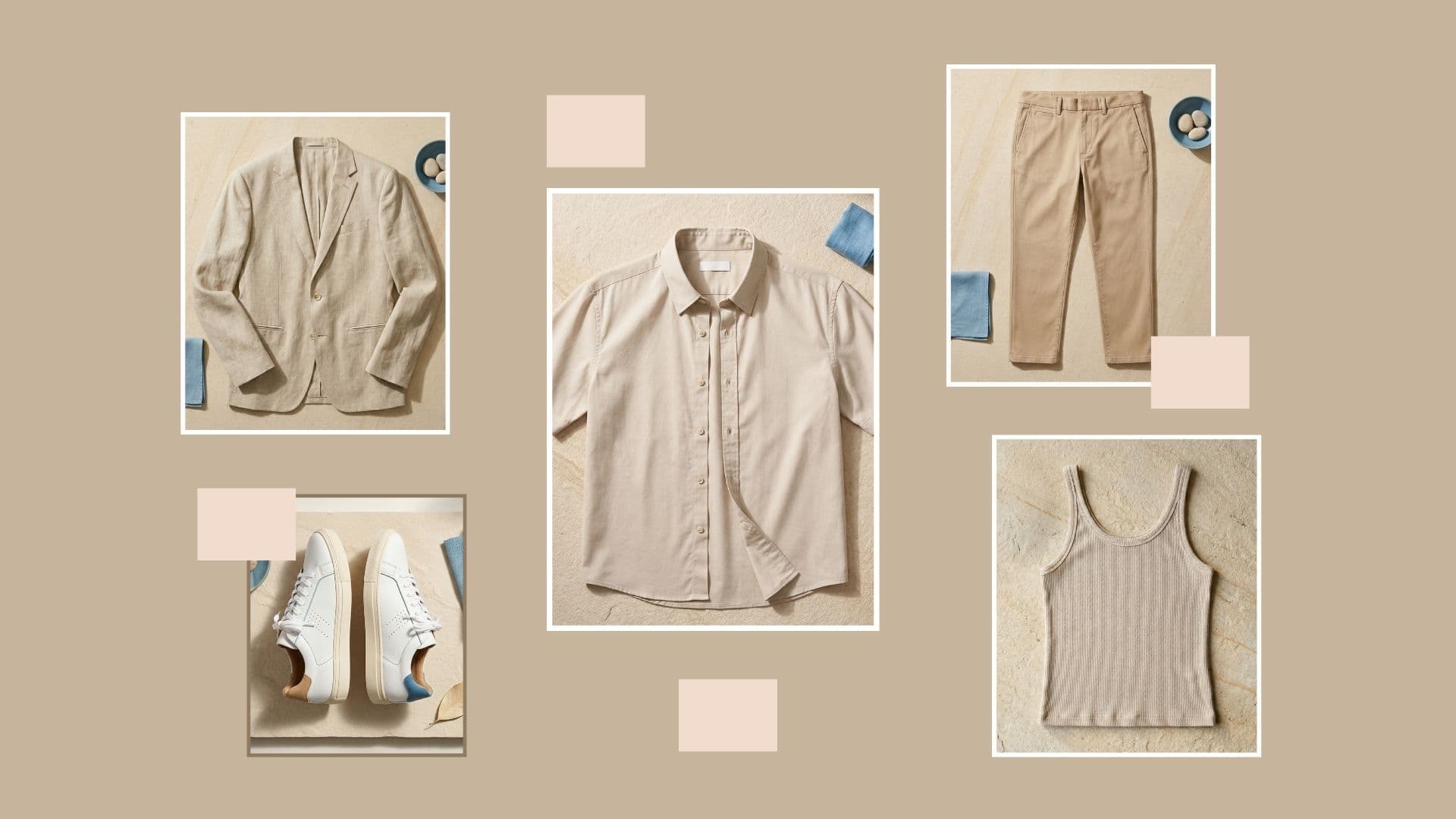 Beige blazer, shirt, tank, pants, and sneakers showing how to layer for cold spring mornings and hot afternoons.