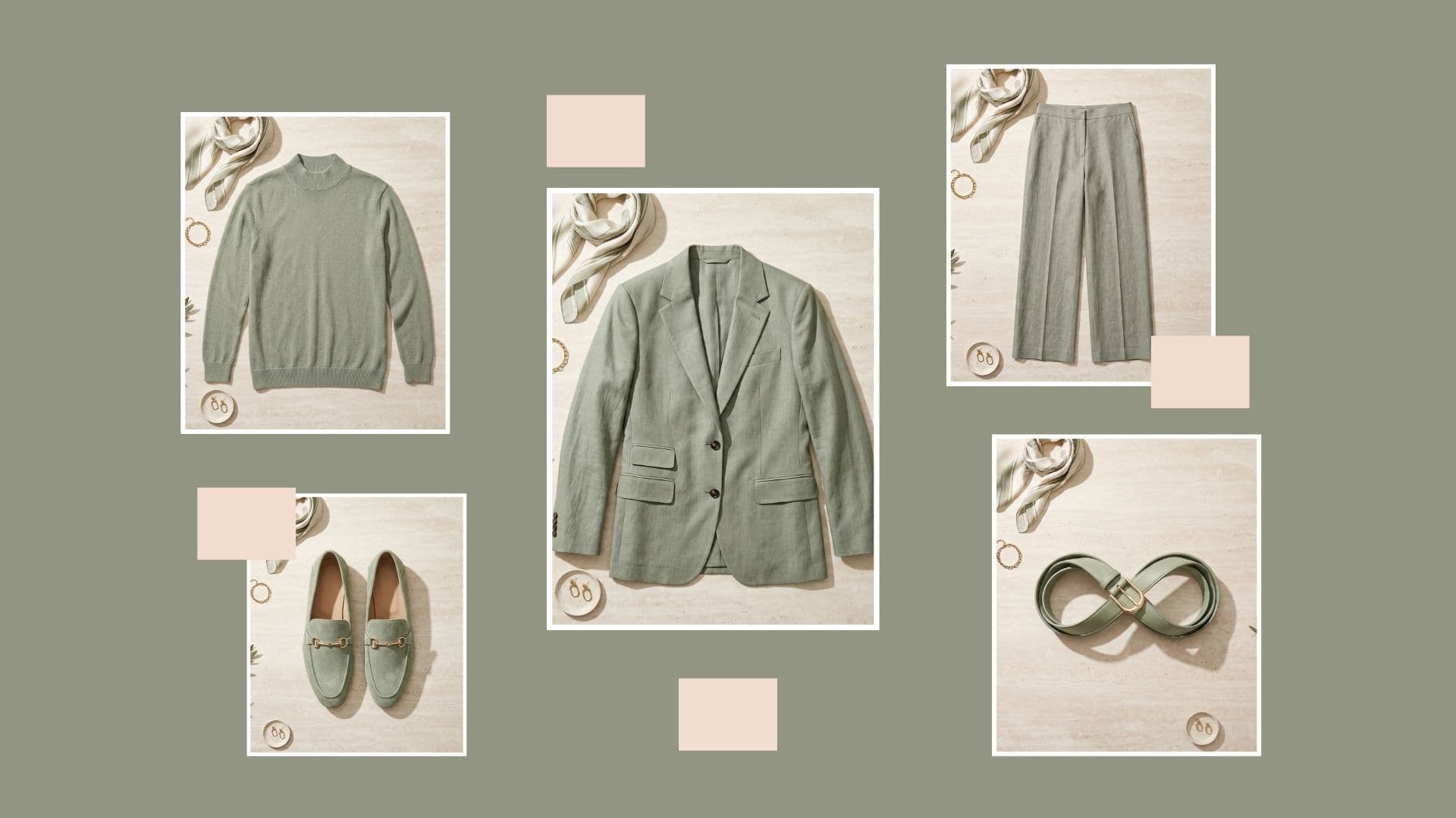 Sage green blazer, trousers, sweater, and loafers for spring to summer transition outfits for the office.