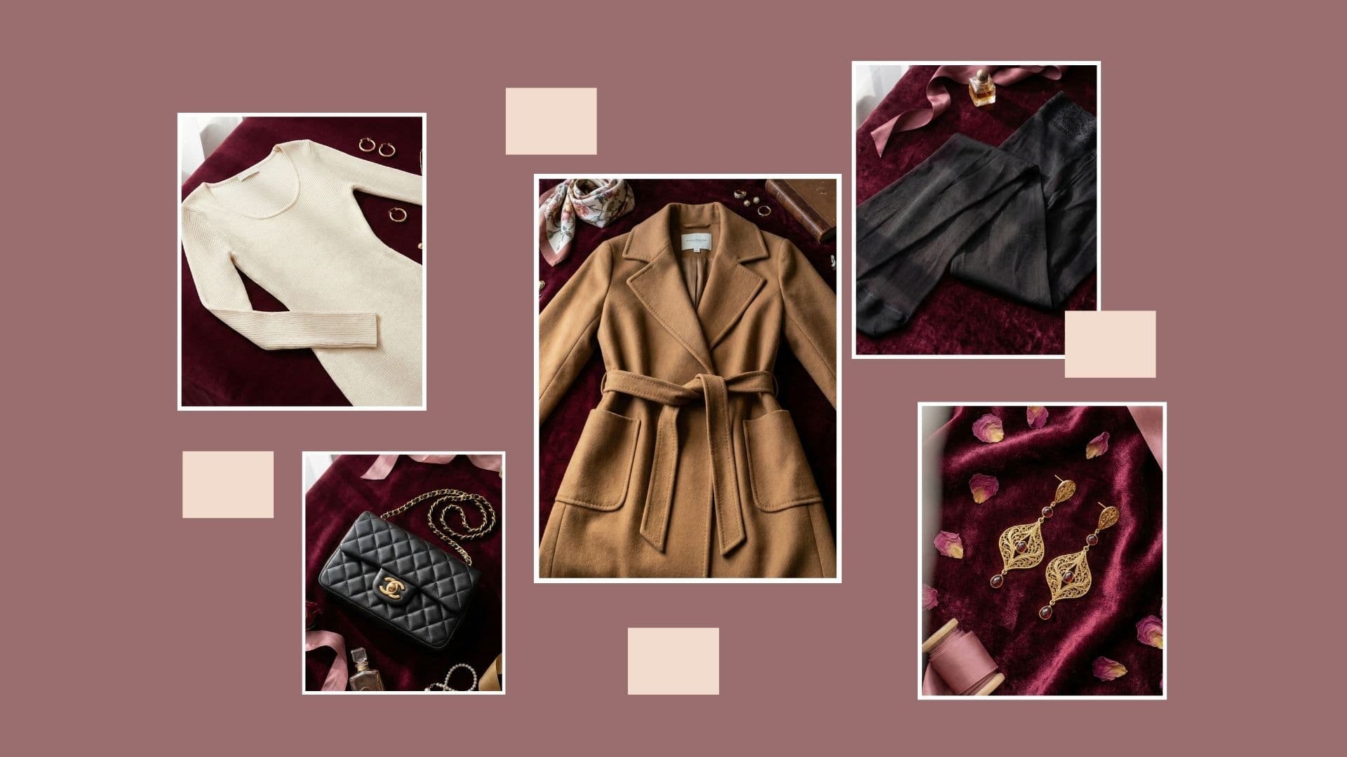 Cute winter date night outfits for Valentine's day collage featuring a camel coat, cream dress, and black bag.