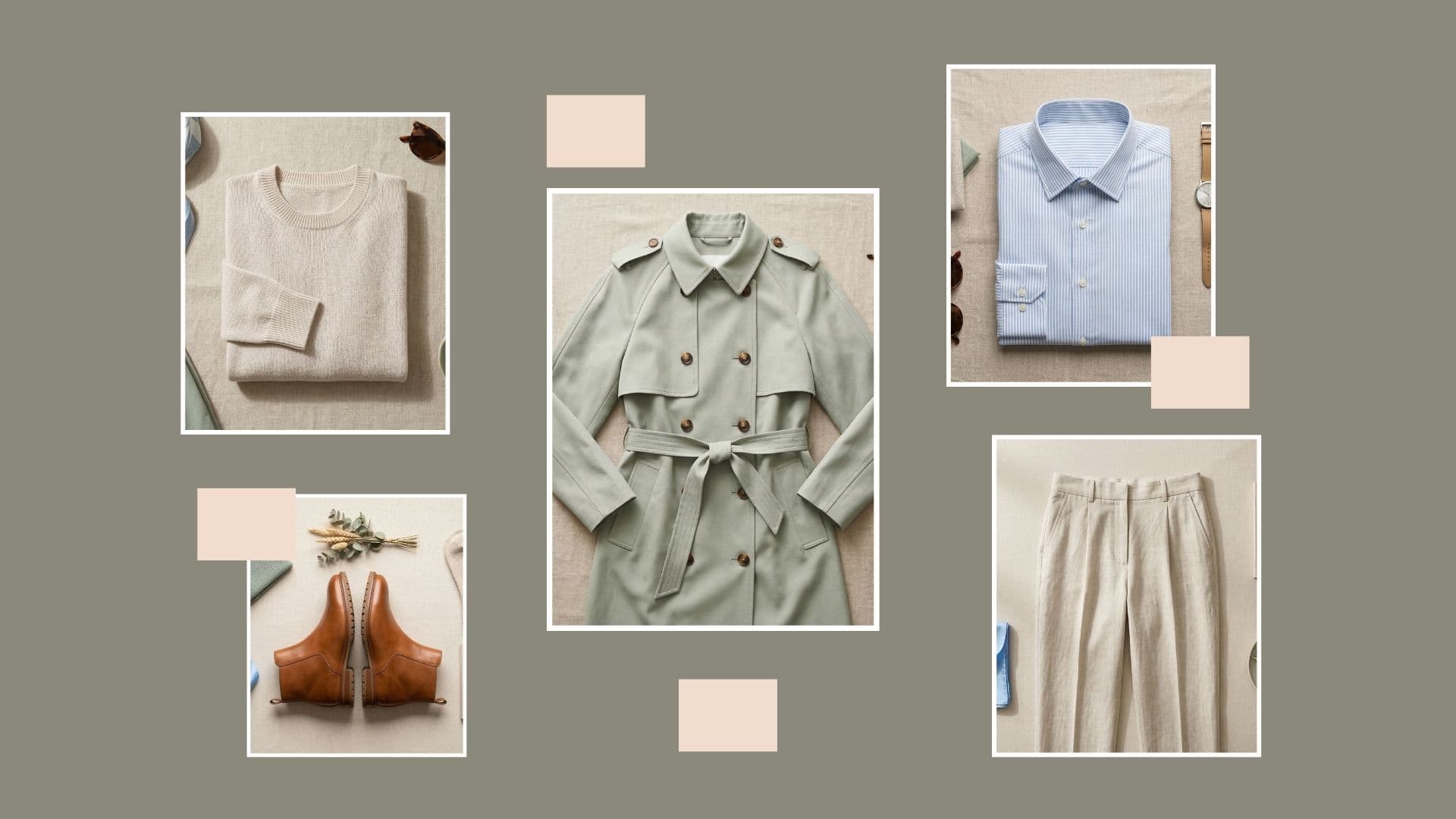 Mint trench, knit sweater, striped shirt, pants, and boots showing how to layer outfits for unpredictable spring weather.