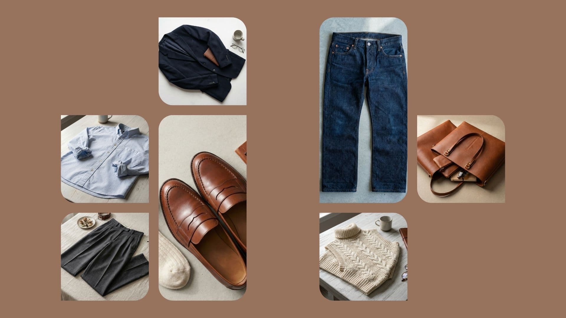 A minimalist fashion style board featuring key 2026 business casual trends, including an oversized blazer, wide-leg pleated trousers, a white oxford shirt, chunky leather loafers, and a structured tote bag in a neutral color palette.