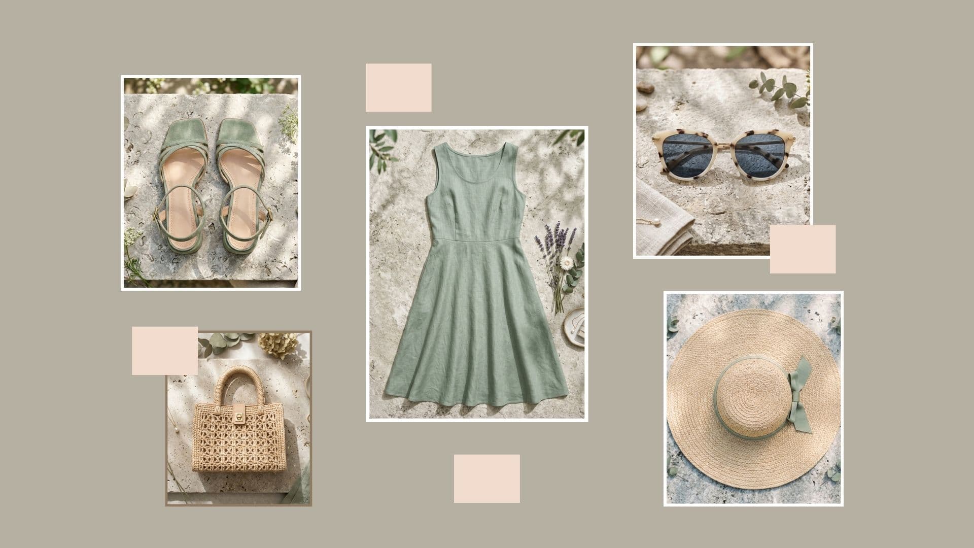 Sweat proof summer wedding guest dresses for outdoor venues: sage green linen dress, straw hat
