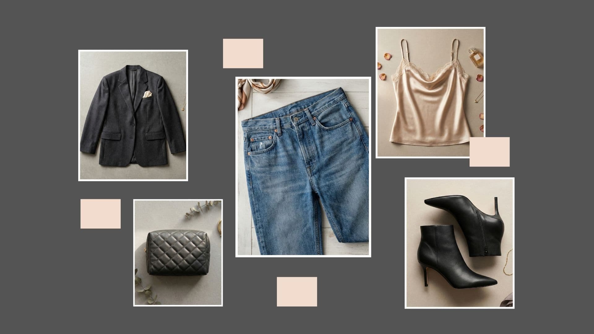 An outfit collage layout demonstrating exactly how to style jeans for Valentine’s date night with a chic high-low look.