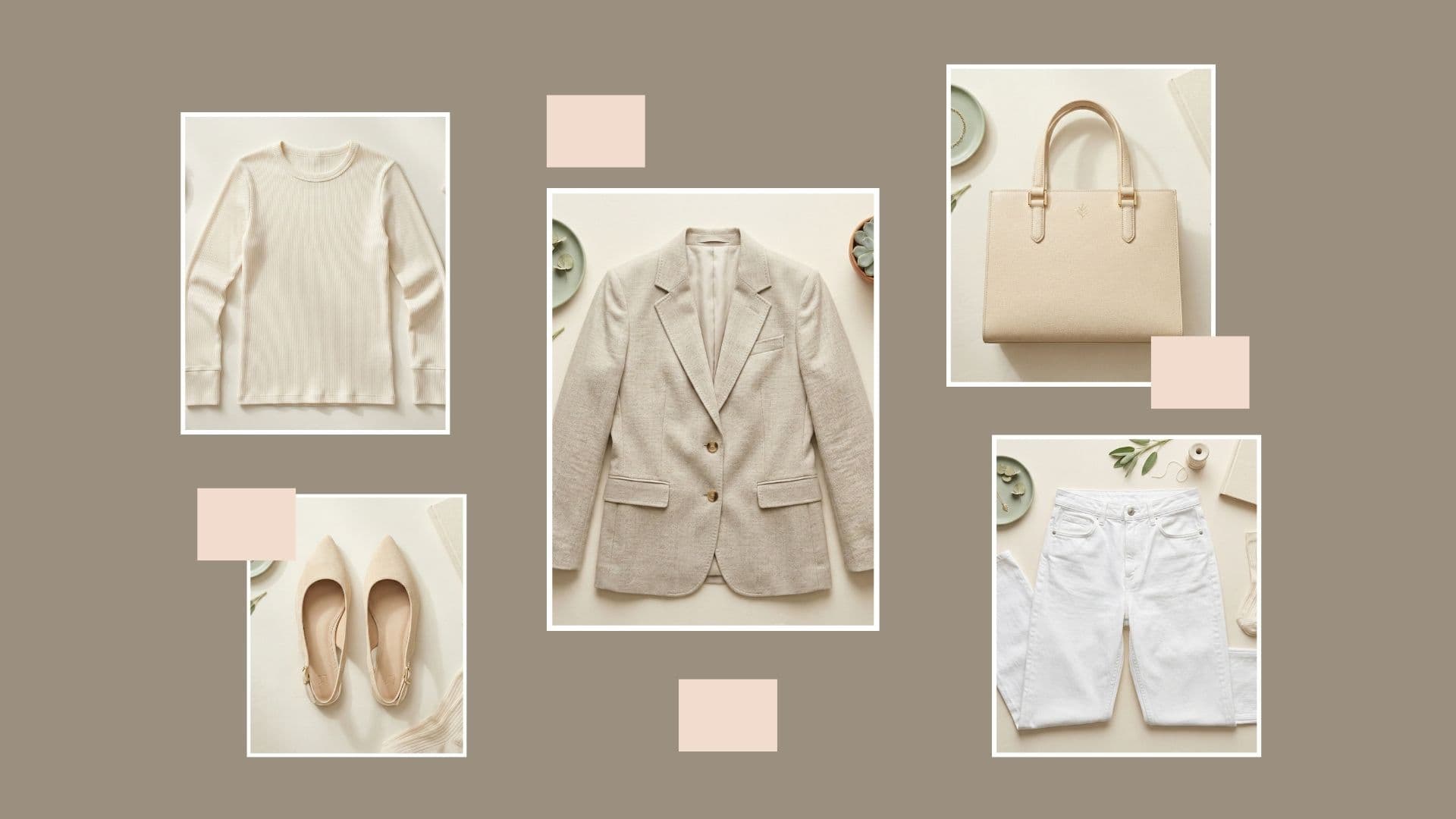Fresh & chic outfit inspo: how to style white jeans for spring 2026 with a beige blazer, ribbed top, nude flats & tote.