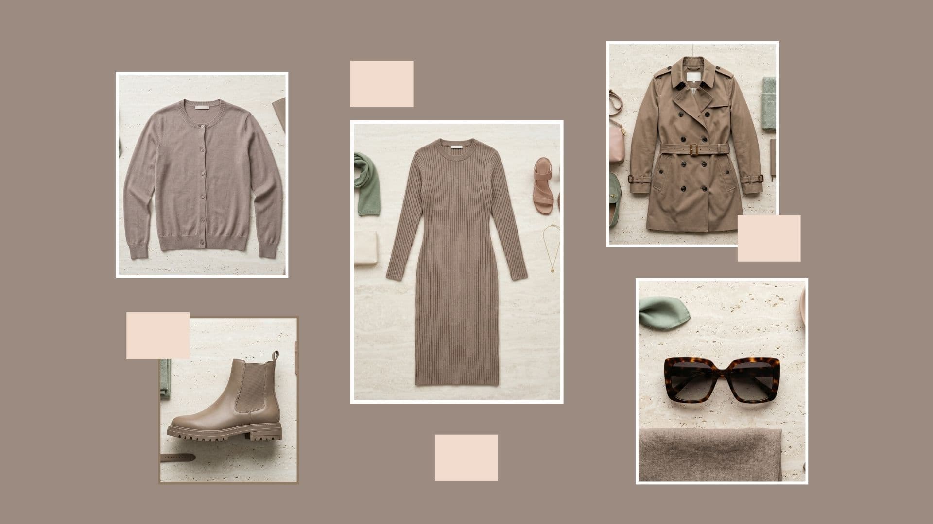 Taupe ribbed dress and beige trench: what to wear to a spring brunch when the weather is unpredictable.