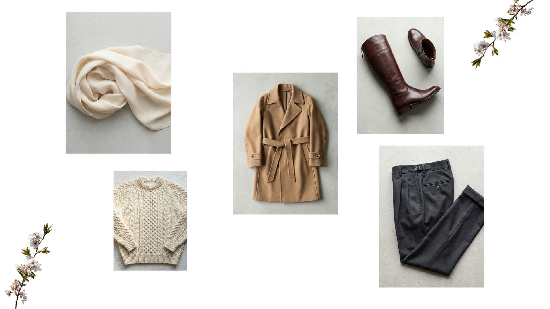 Winter 2025 Capsule Wardrobe Style Board showing a camel coat, cream cable knit sweater, and leather riding boots.
