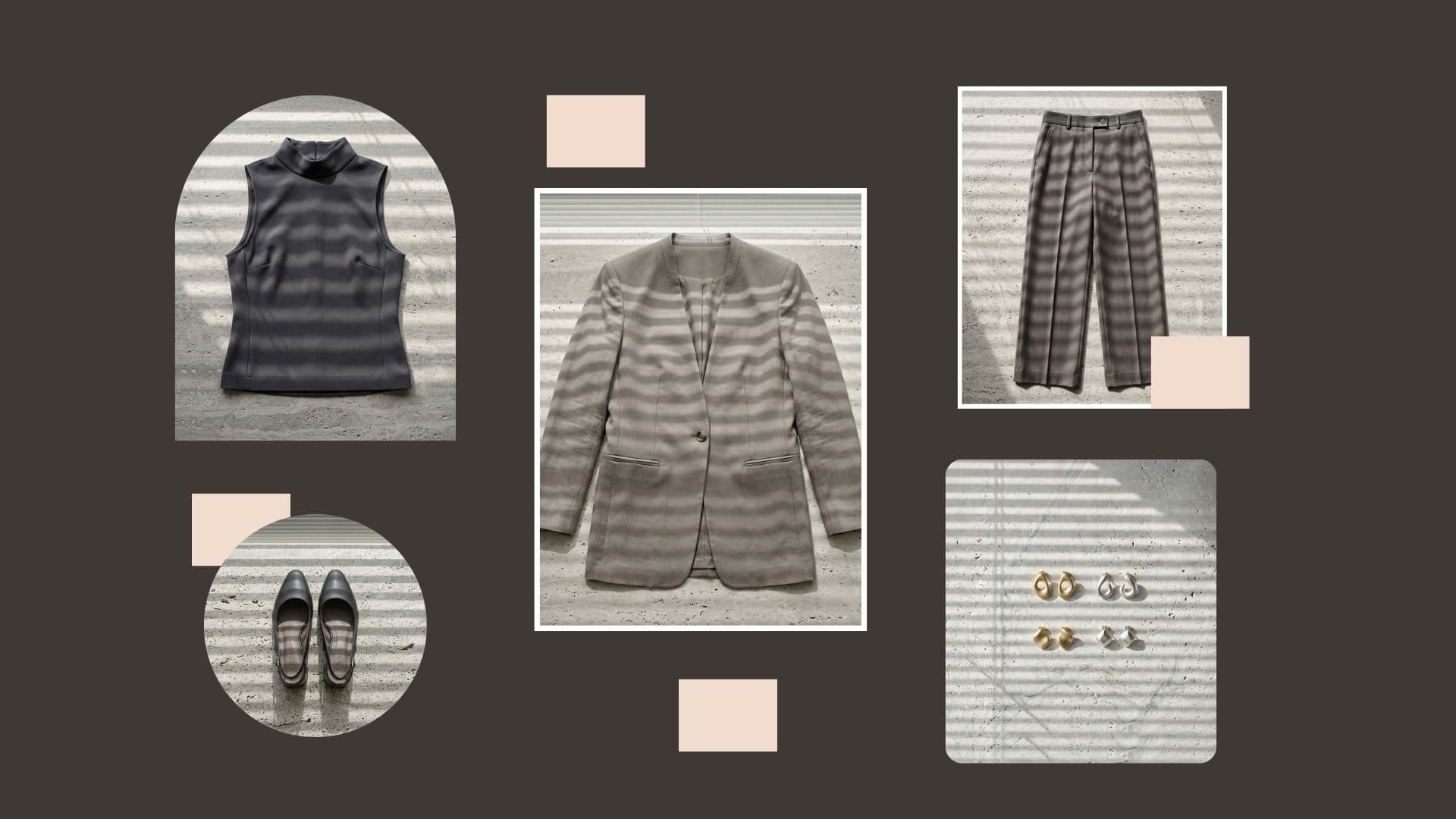 Outfit board showing how to style sleeveless tops for a conservative summer office with a blazer, gray pants, and loafers.