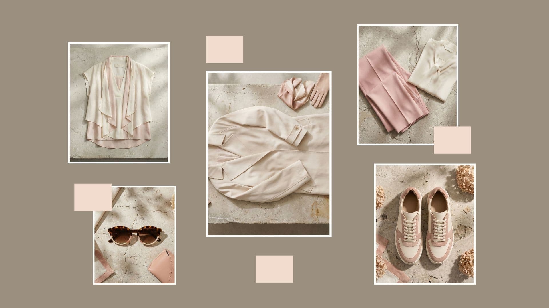 Spring travel capsule wardrobe European city edit: blush and cream trench coat, trousers, blouses, sneakers, sunglasses.