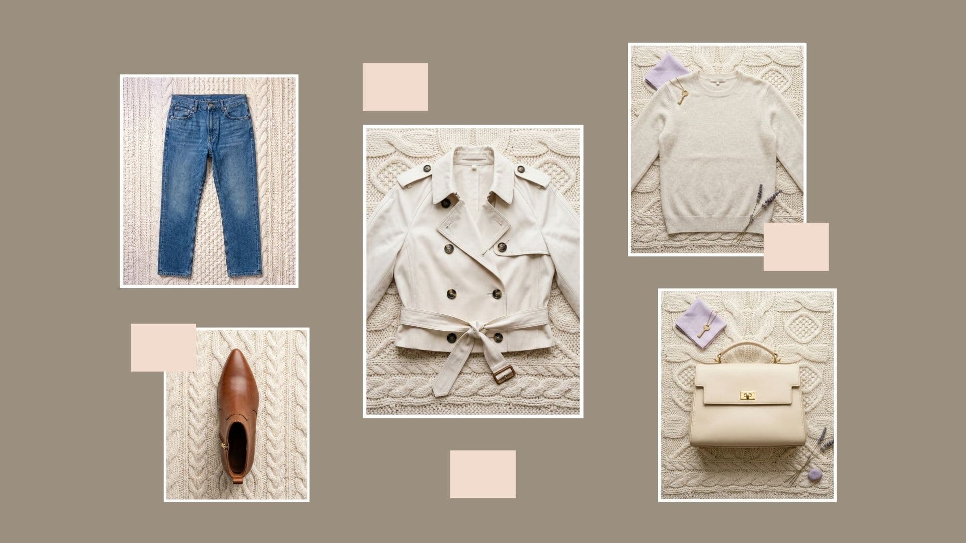 Beige trench, cream sweater, jeans, brown boot & bag: what to wear to a spring brunch when it’s still cold.