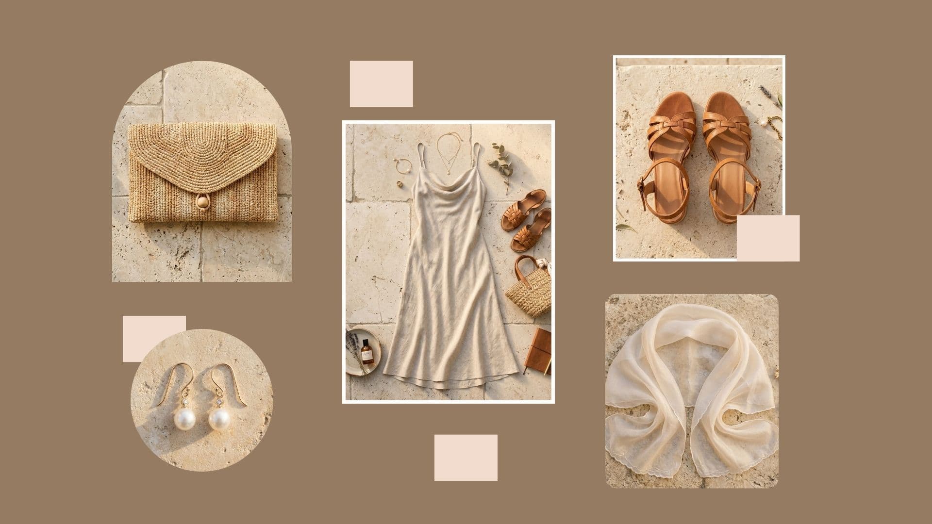 Flat lay outfit showing what to wear to a casual backyard summer wedding: beige slip dress, tan sandals, and woven bag.