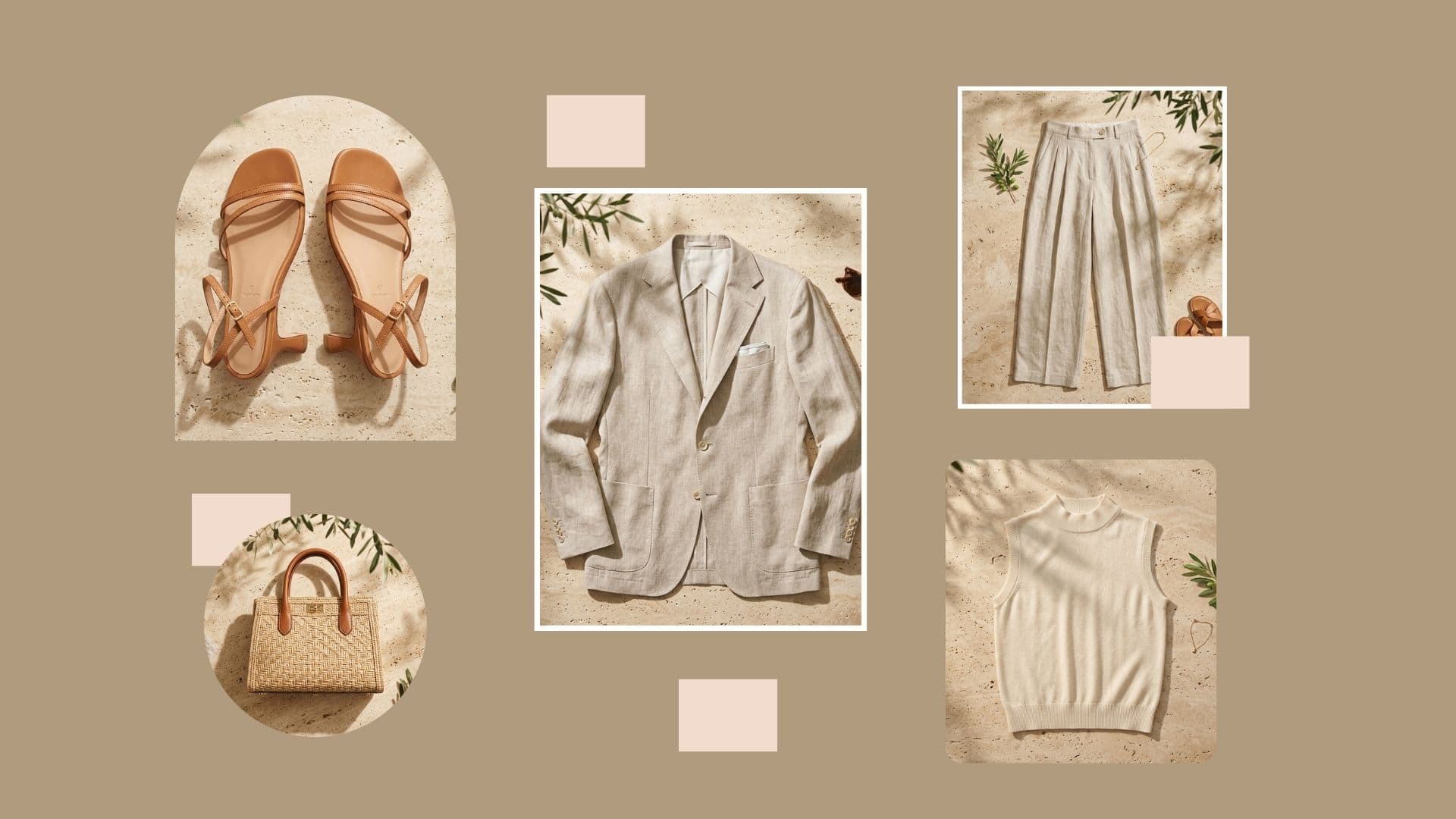 Outfit showing how to style a fine gauge knit shell for an outdoor summer lunch with linen blazer, wide pants, and sandals.
